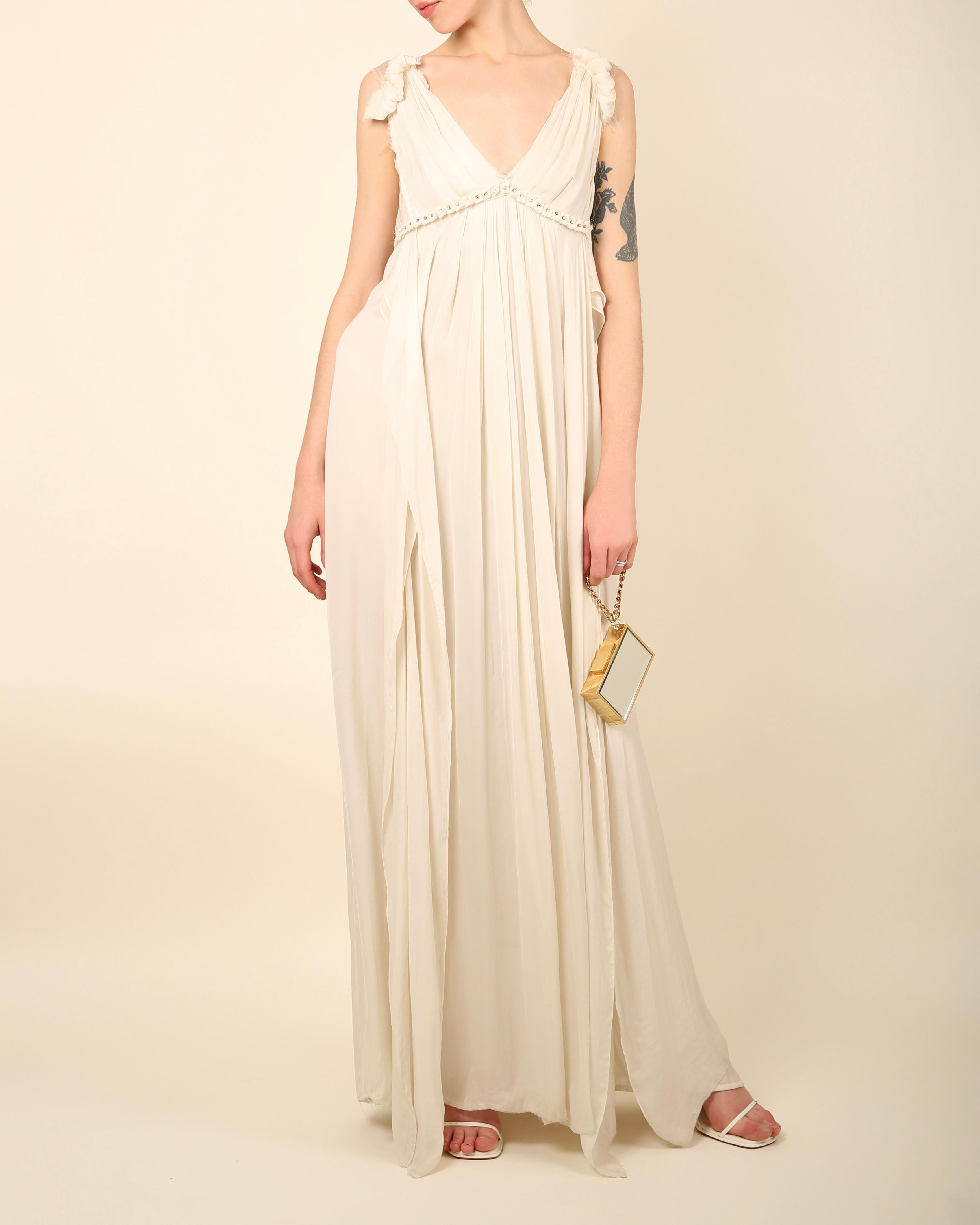 Lanvin white grecian style washed silk crystal embellished wedding dress gown In Fair Condition For Sale In Paris, FR