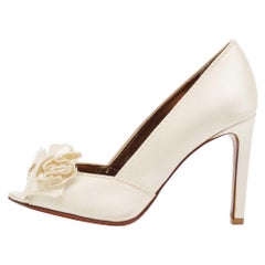 Lanvin White Satin Peep Toe Bow  Pumps Size 36.5