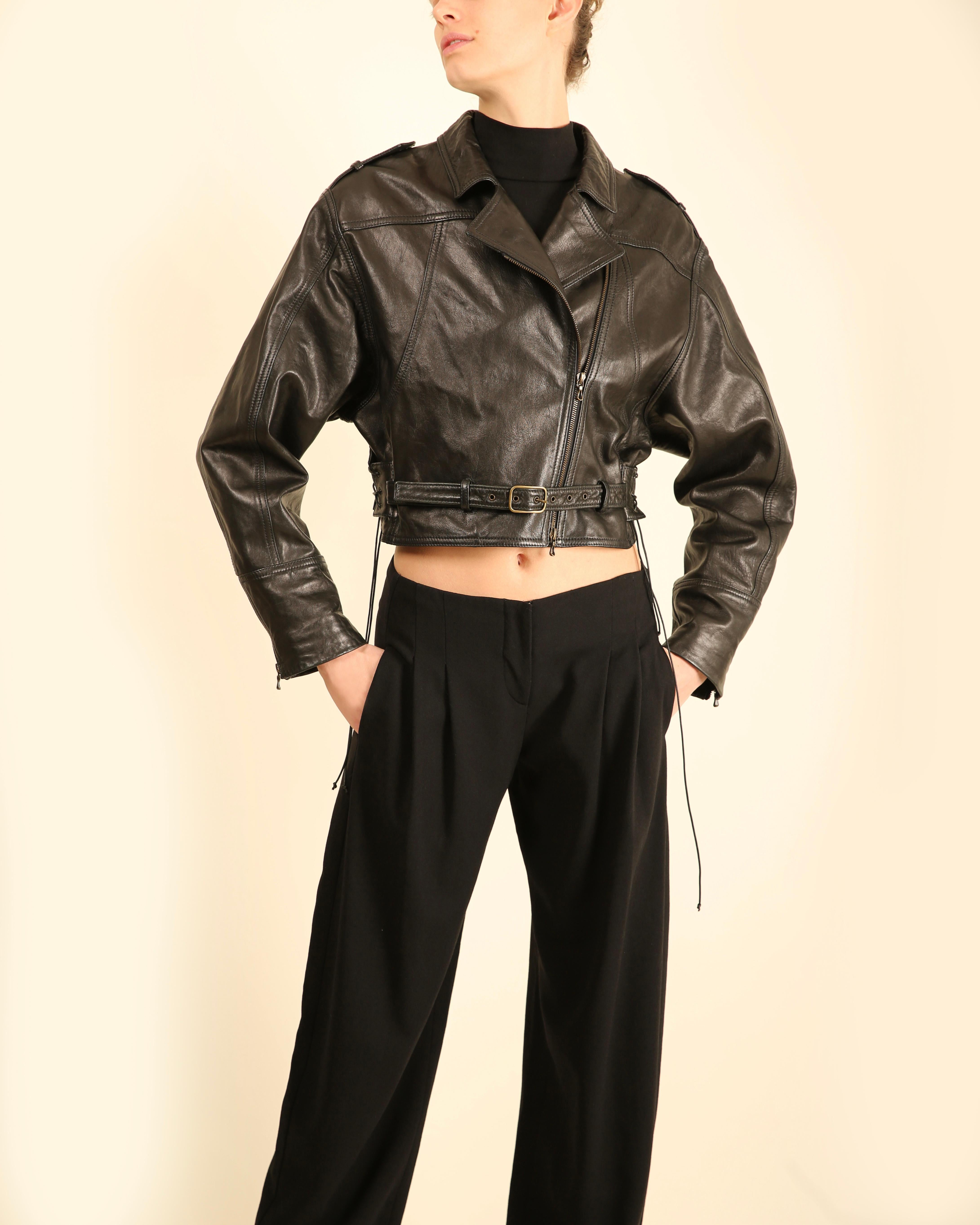 LOVE LALI VINTAGE

Lanvin Hiver 2016 black leather jacket
This is a fantastic jacket that has a wonderful vintage vibe to it, a slightly oversized fit, soft leather, and dropped shoulders
Off centre diagonal zip closure with a belt at the waist.