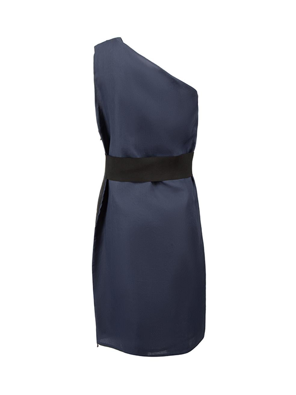 Lanvin Women's Navy Silk One Shoulder Waistband Mini Dress In Good Condition For Sale In London, GB