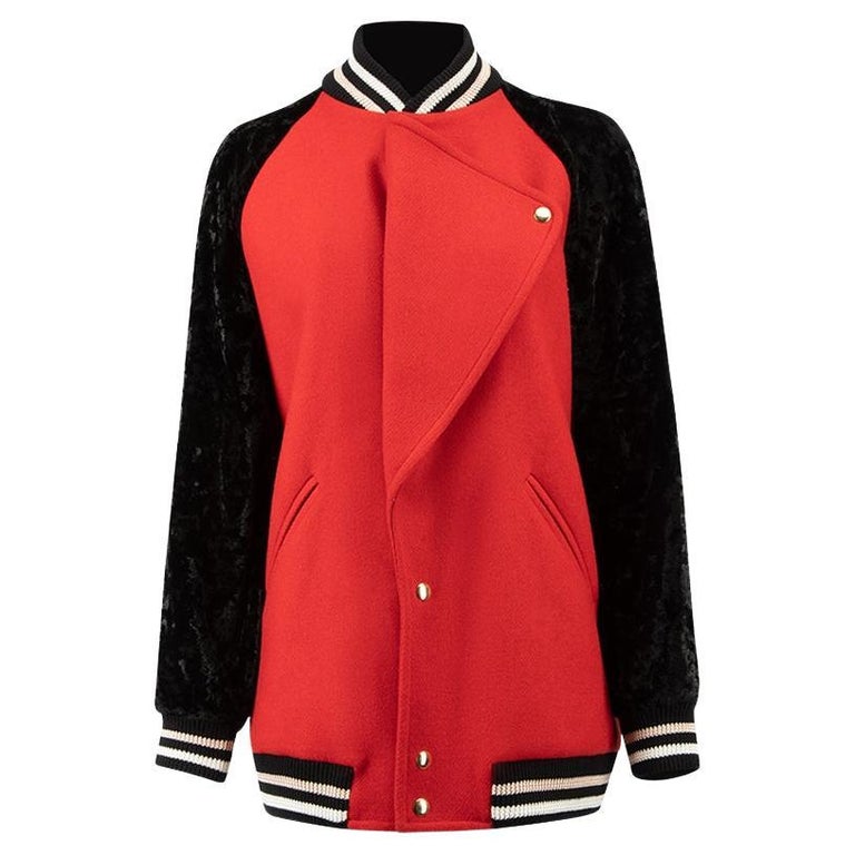 Lanvin Women's Red Varsity Jacket with Black Velvet Sleeves For Sale at