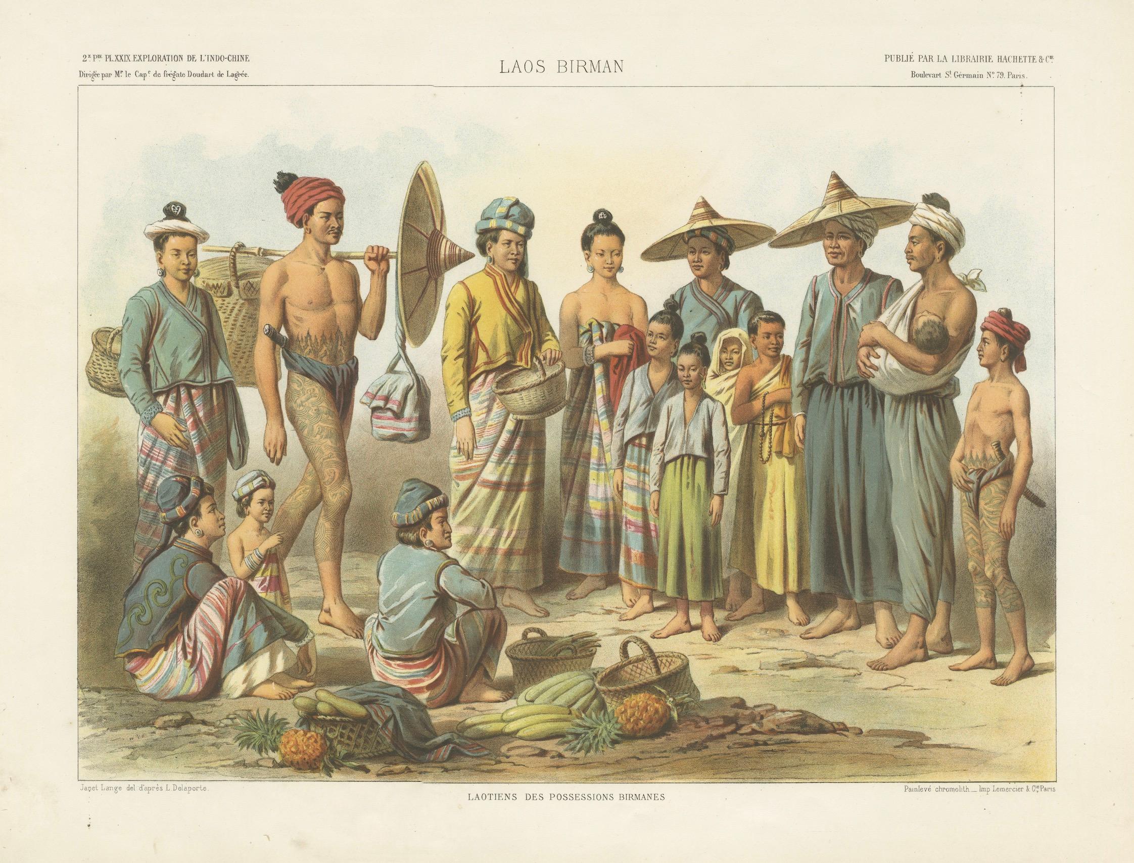 Paper Lao and Burmese Peoples – Lithograph from French Indochina Exploration (1873) For Sale