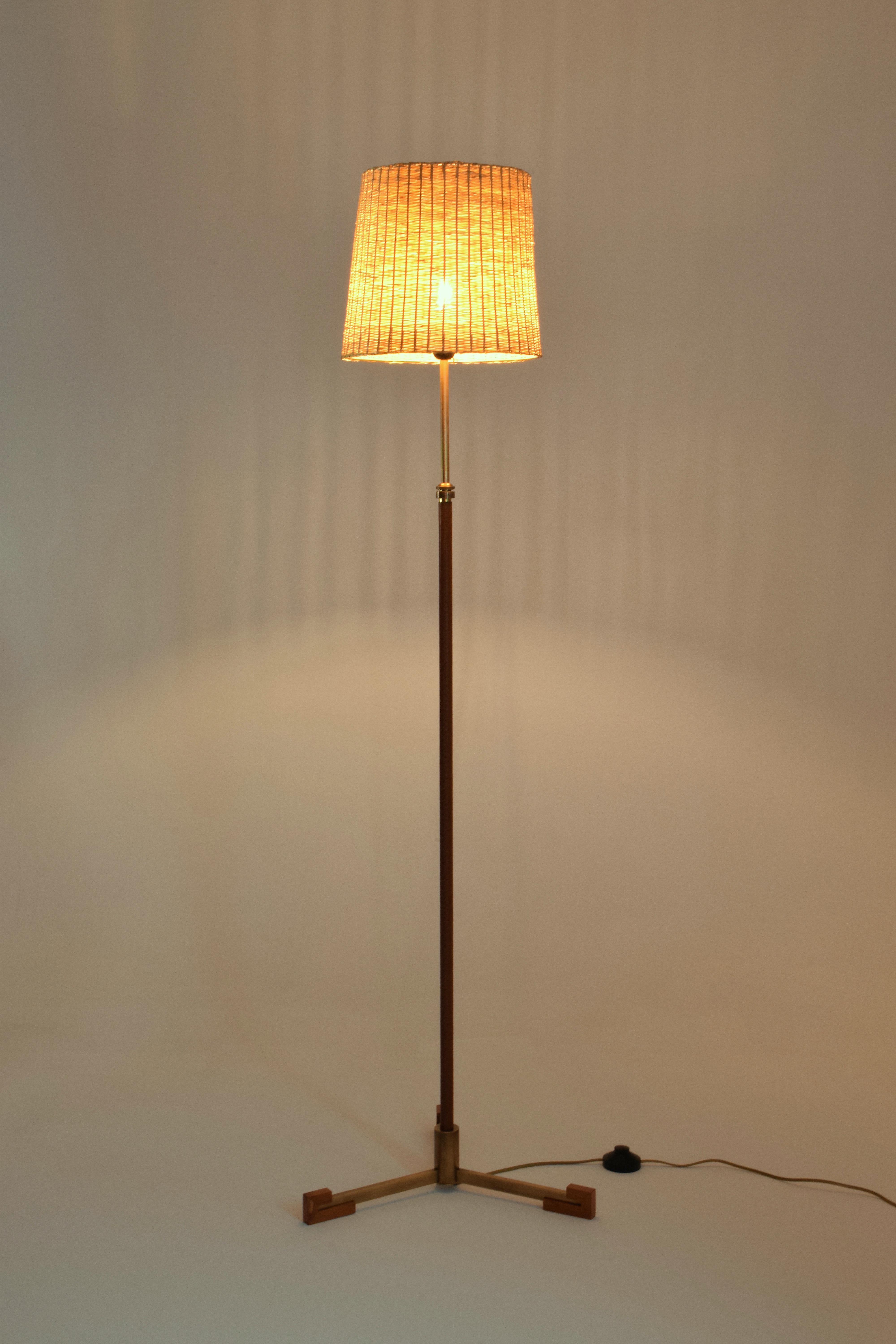 Modern Ancora-T Contemporary Adjustable Leather Brass Wicker Floor Lamp For Sale