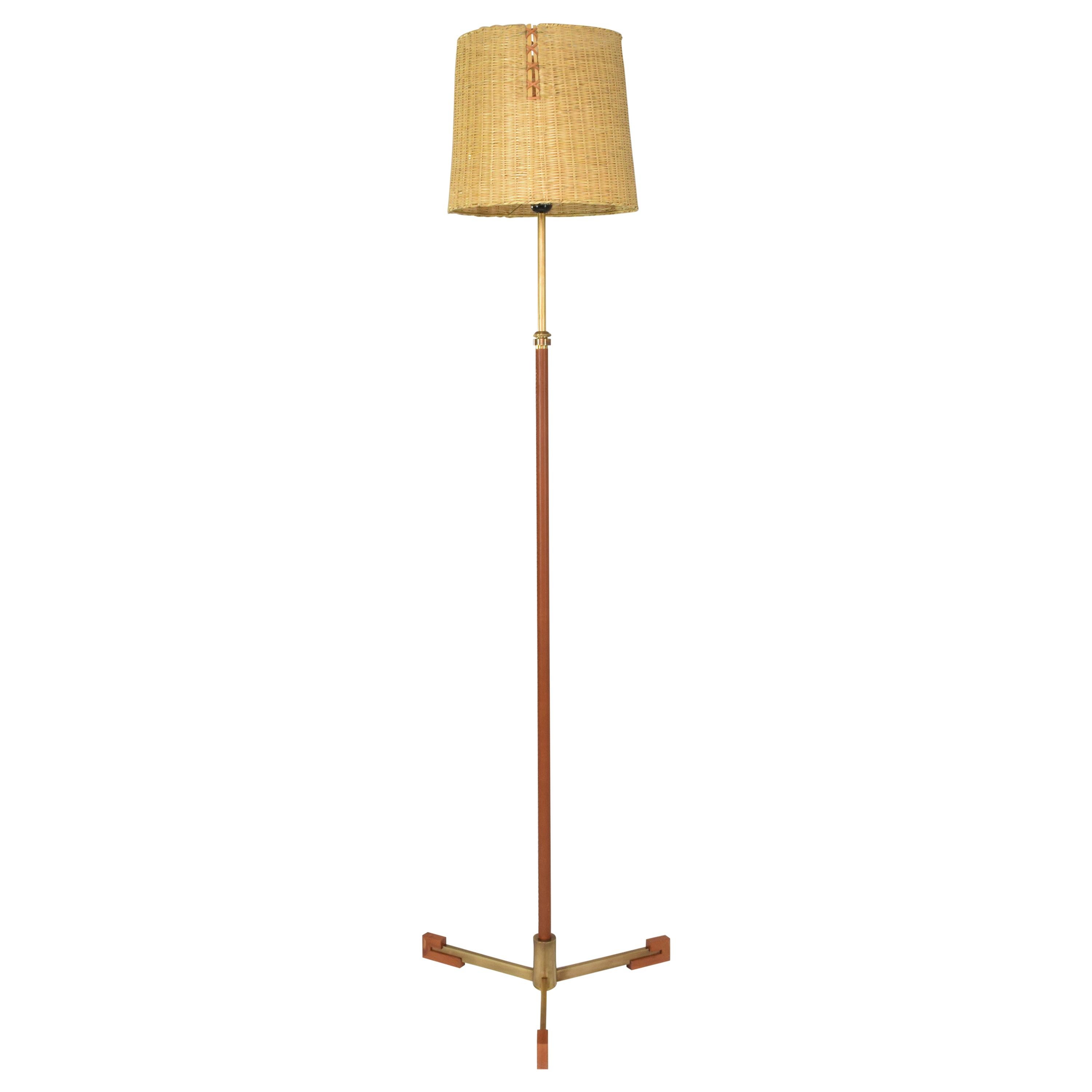 Ancora-T Contemporary Adjustable Leather Brass Wicker Floor Lamp For Sale