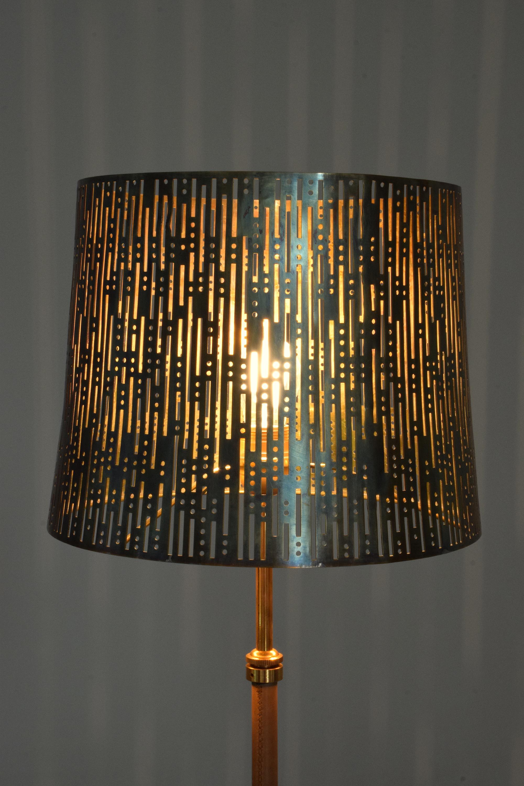 French Lao-F1M Modern Openwork Brass Leather Floor Lamp