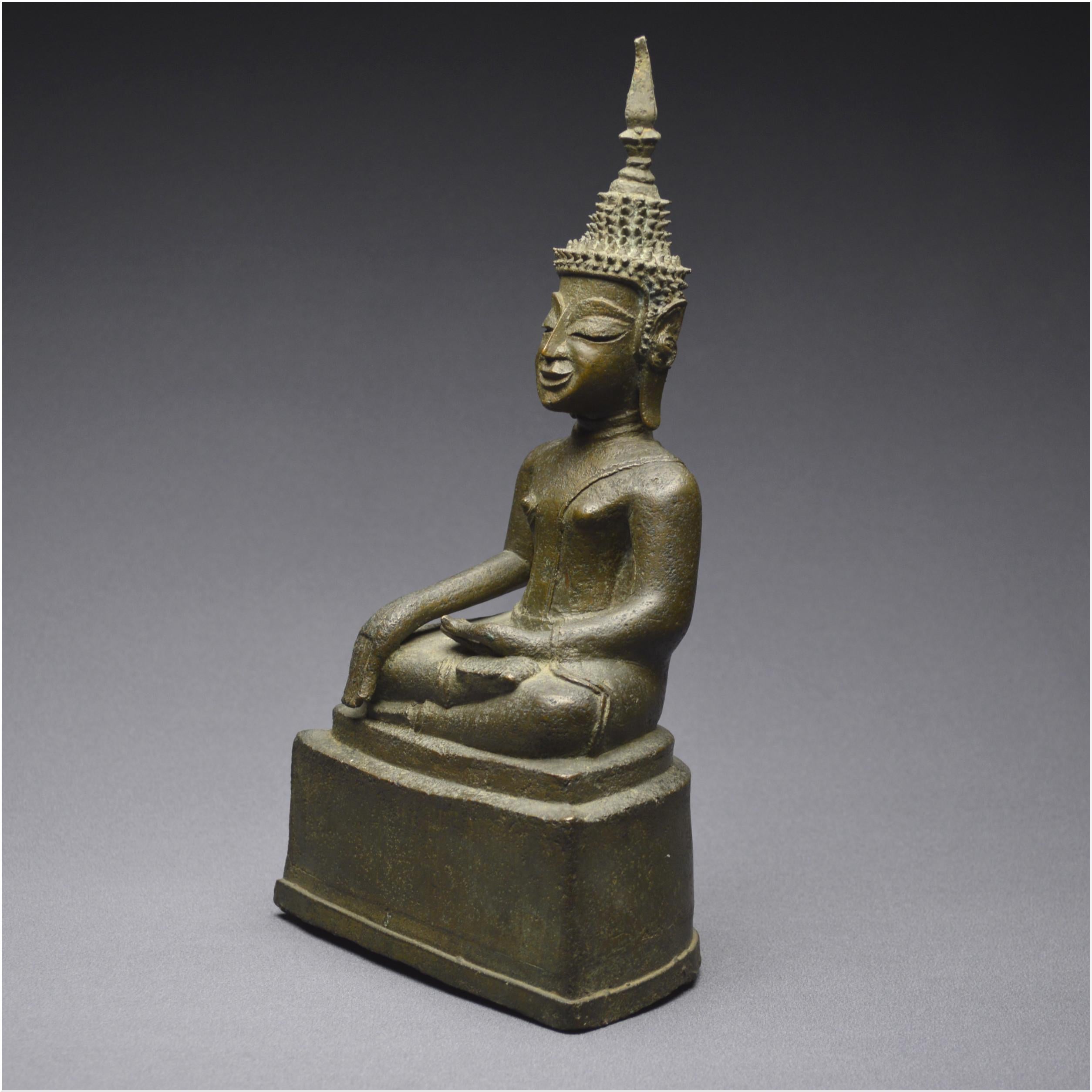 Laotian Laos, 18th-19th Century, Ancient Buddha Maravijaya in Bronze with Green Patina