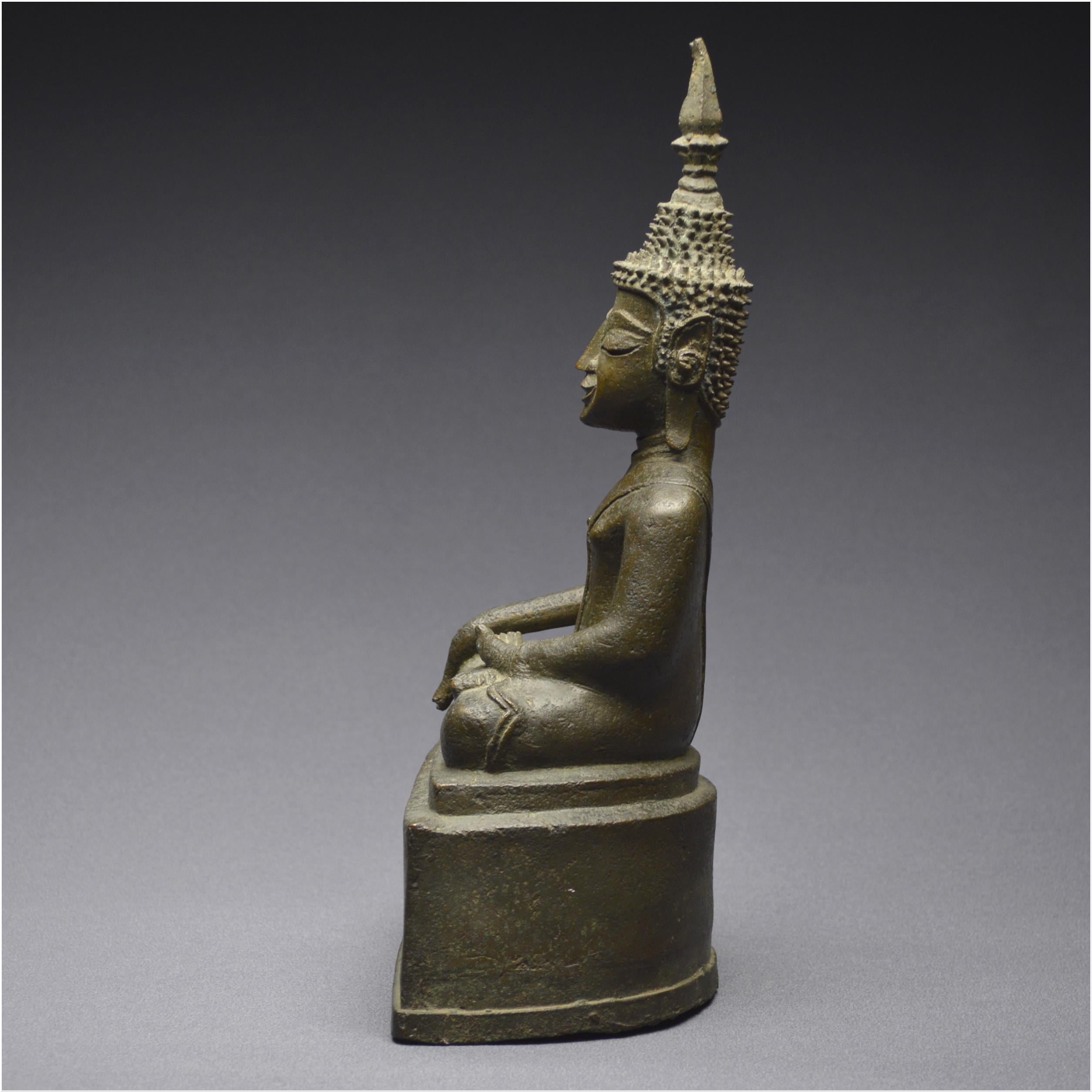 18th Century Laos, 18th-19th Century, Ancient Buddha Maravijaya in Bronze with Green Patina