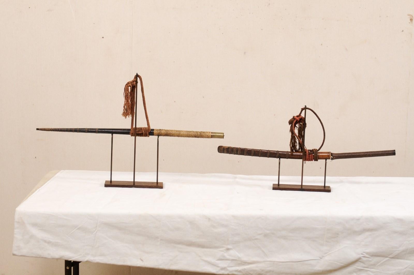Laotian Pair of 19th Century Daab Swords Presented on Custom Stands For Sale 4