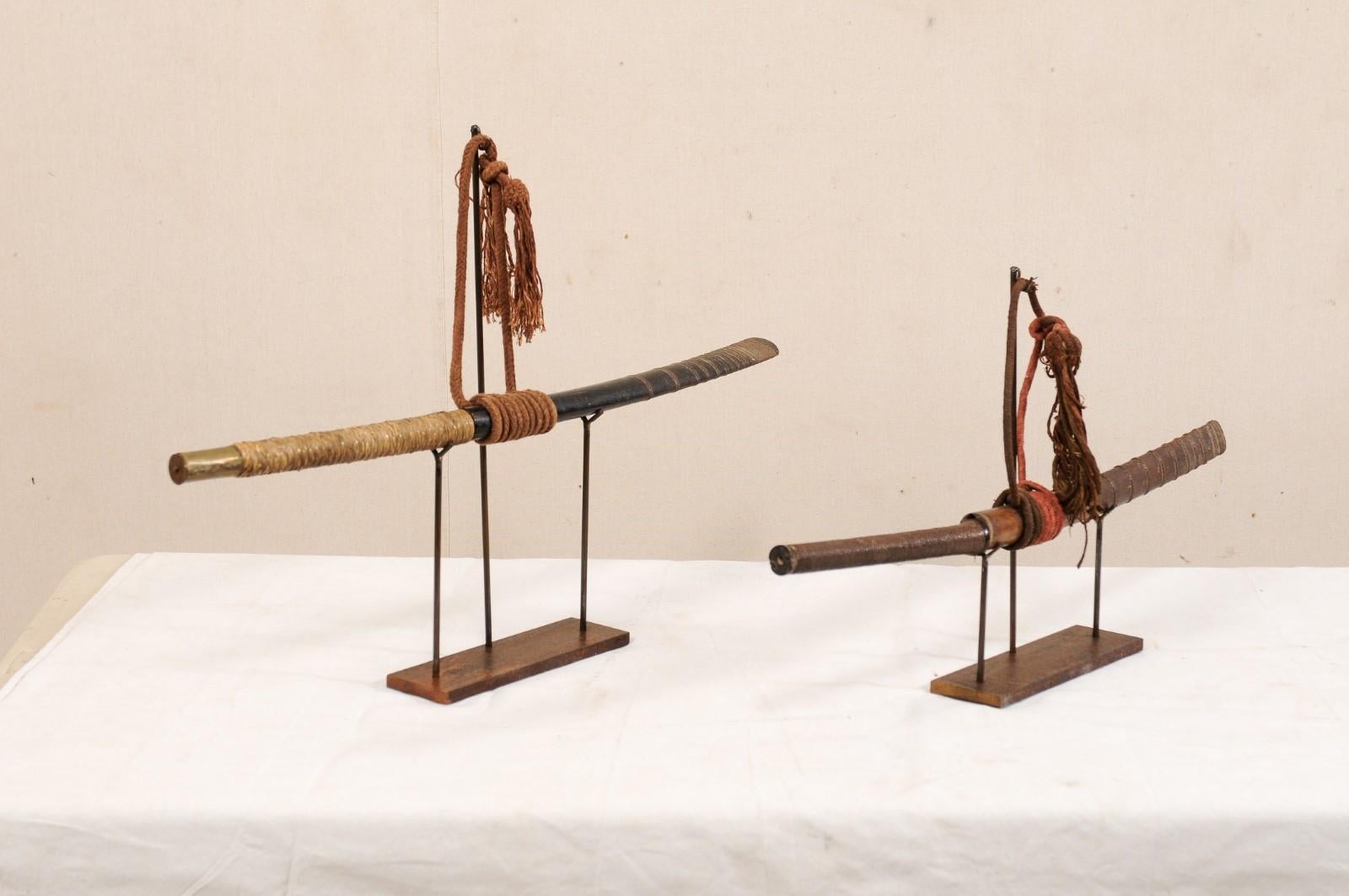Laotian Pair of 19th Century Daab Swords Presented on Custom Stands For Sale 1