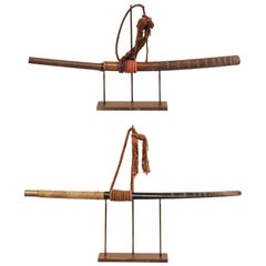 Laotian Pair of 19th Century Daab Swords Presented on Custom Stands