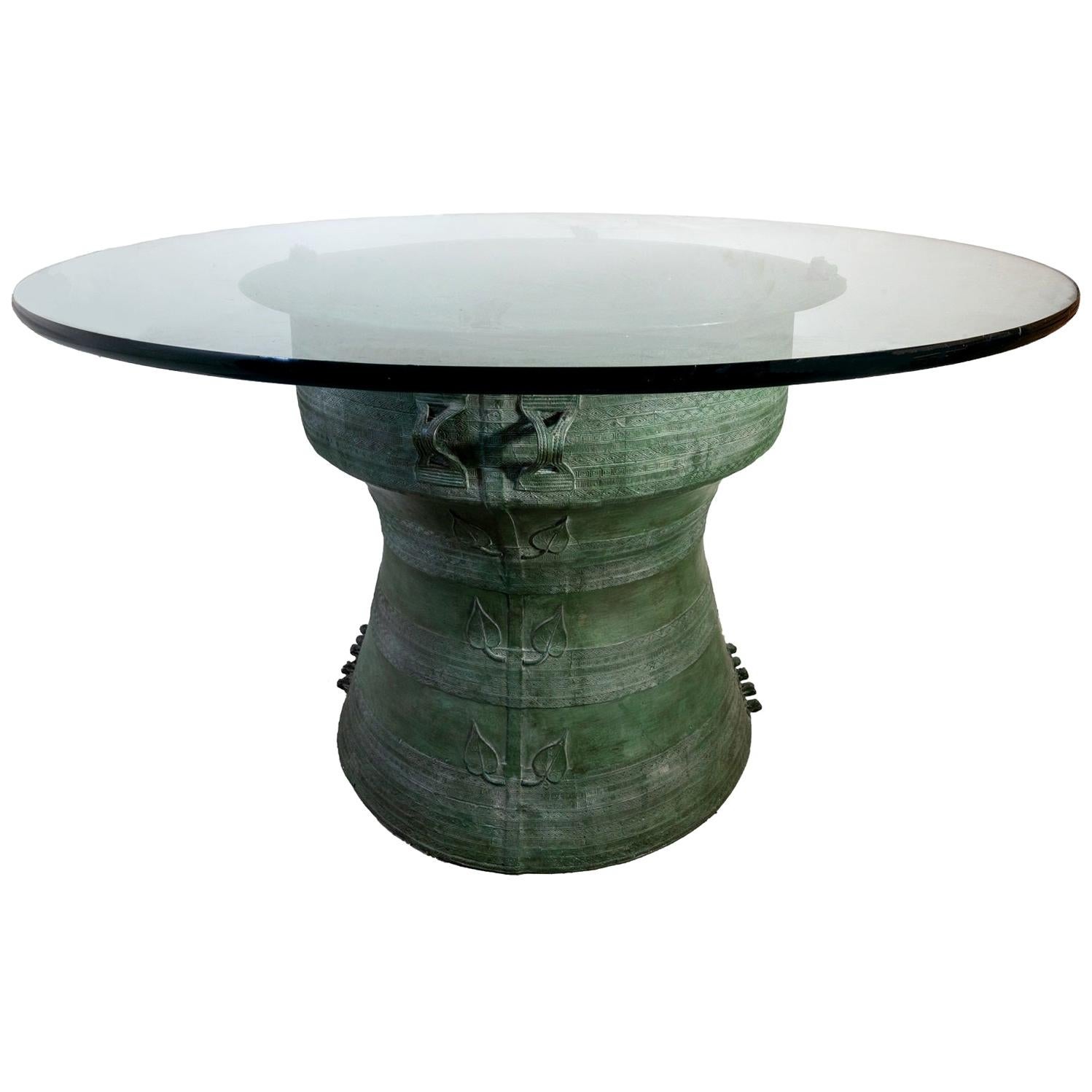 Laotian Rain Green Drum Dining Table with Glass Top, Laos For Sale