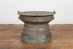 Laotian Style Vintage Bronze Rain Drum with Geometric Motifs and Frog Finials