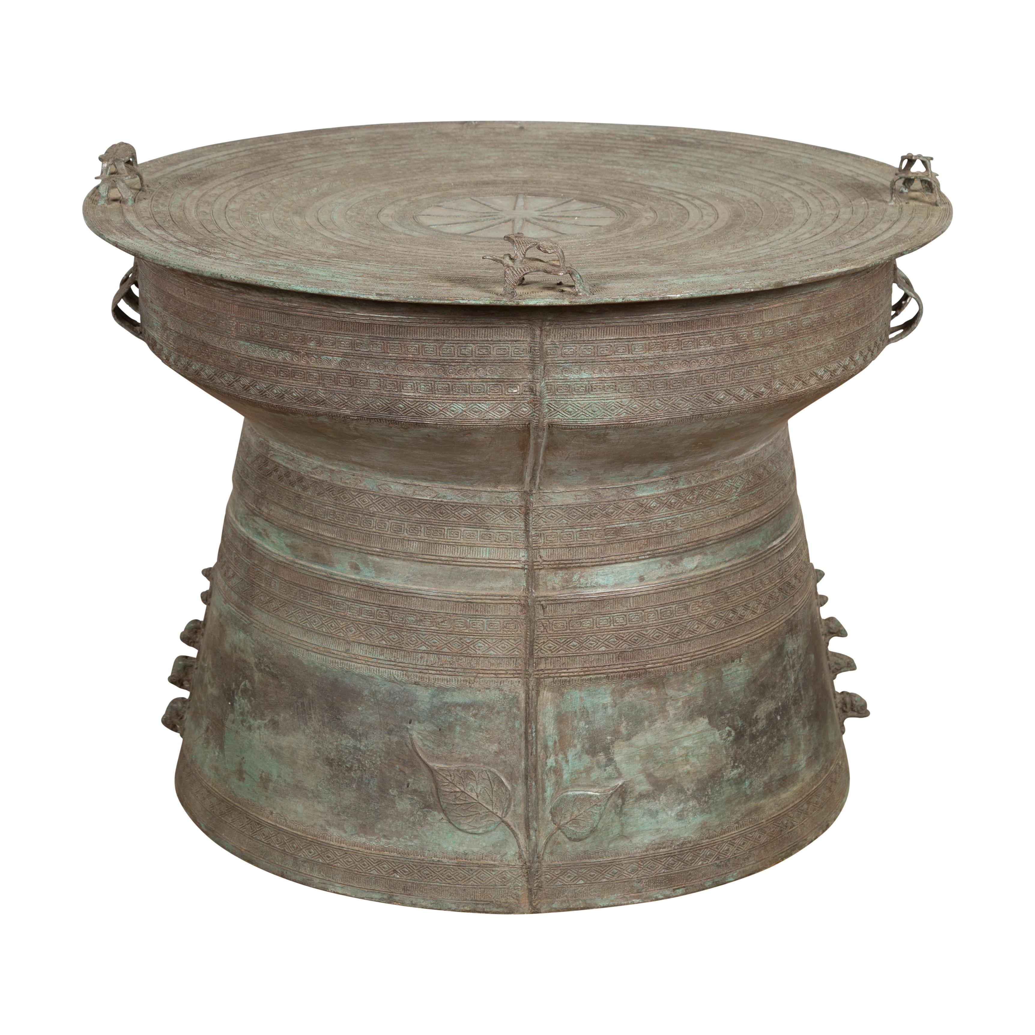 Laotian Style Vintage Bronze Rain Drum with Geometric Motifs and Frog Finials For Sale 15