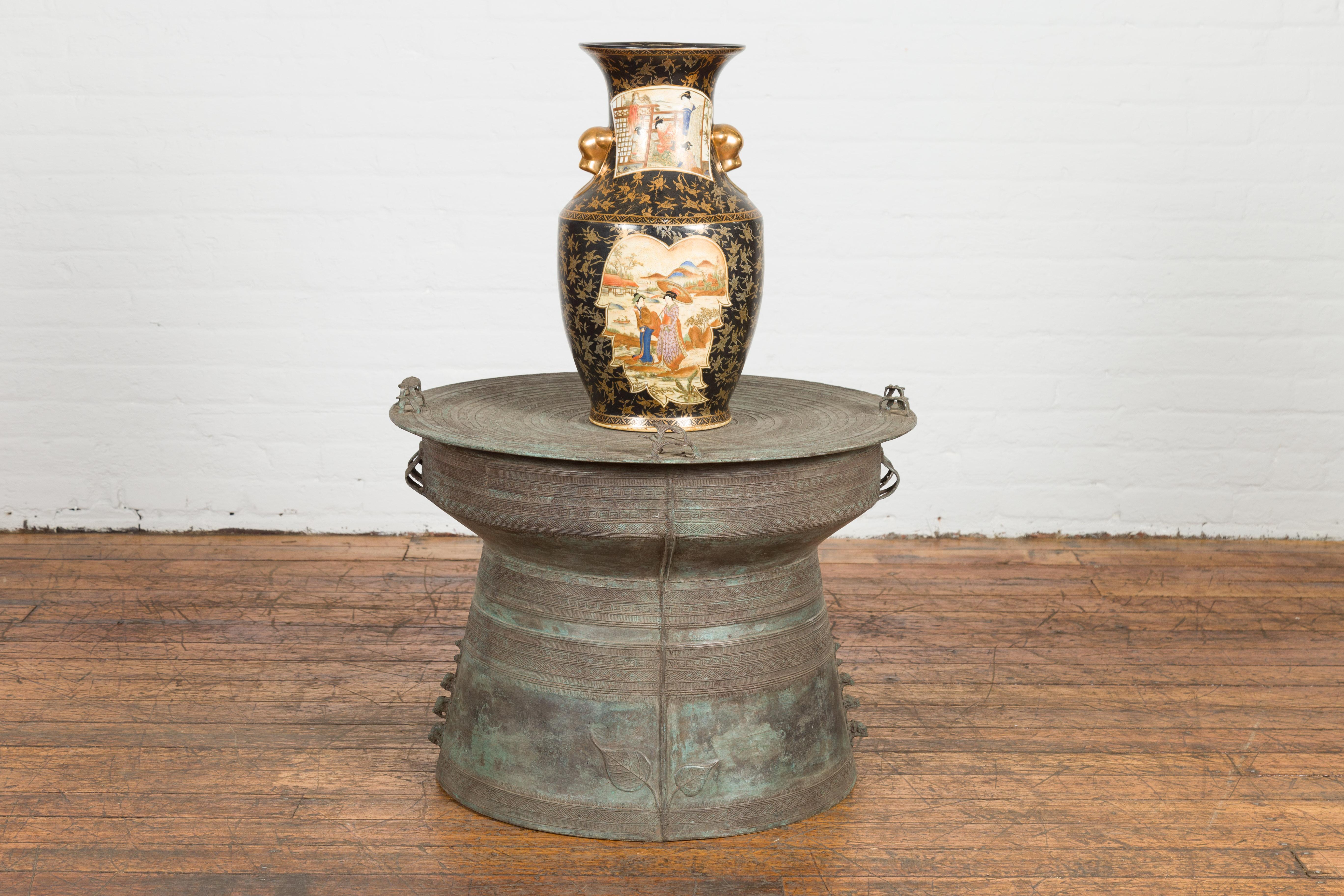 Laotian Style Vintage Bronze Rain Drum with Geometric Motifs and Frog Finials In Good Condition For Sale In Yonkers, NY
