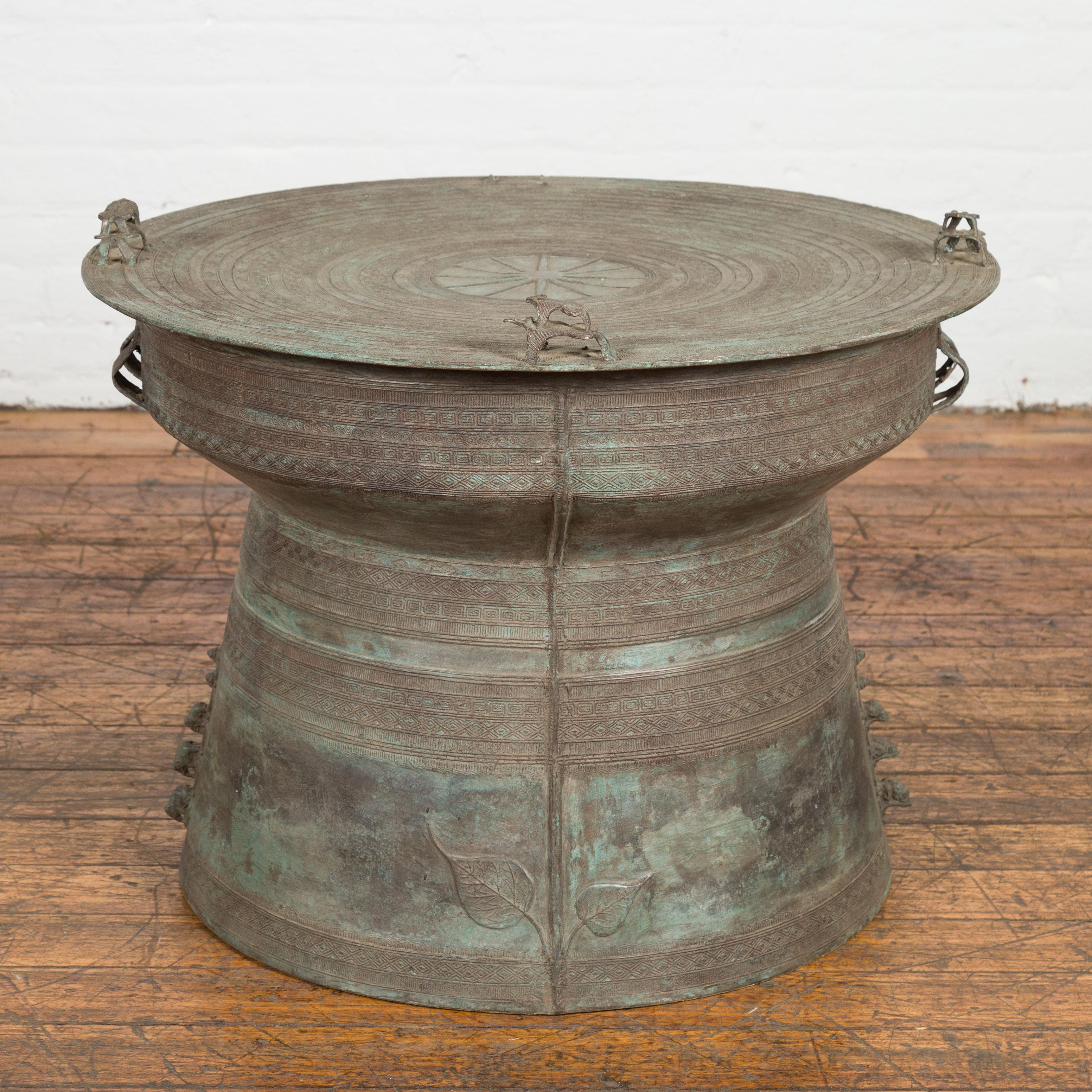 20th Century Laotian Style Vintage Bronze Rain Drum with Geometric Motifs and Frog Finials For Sale