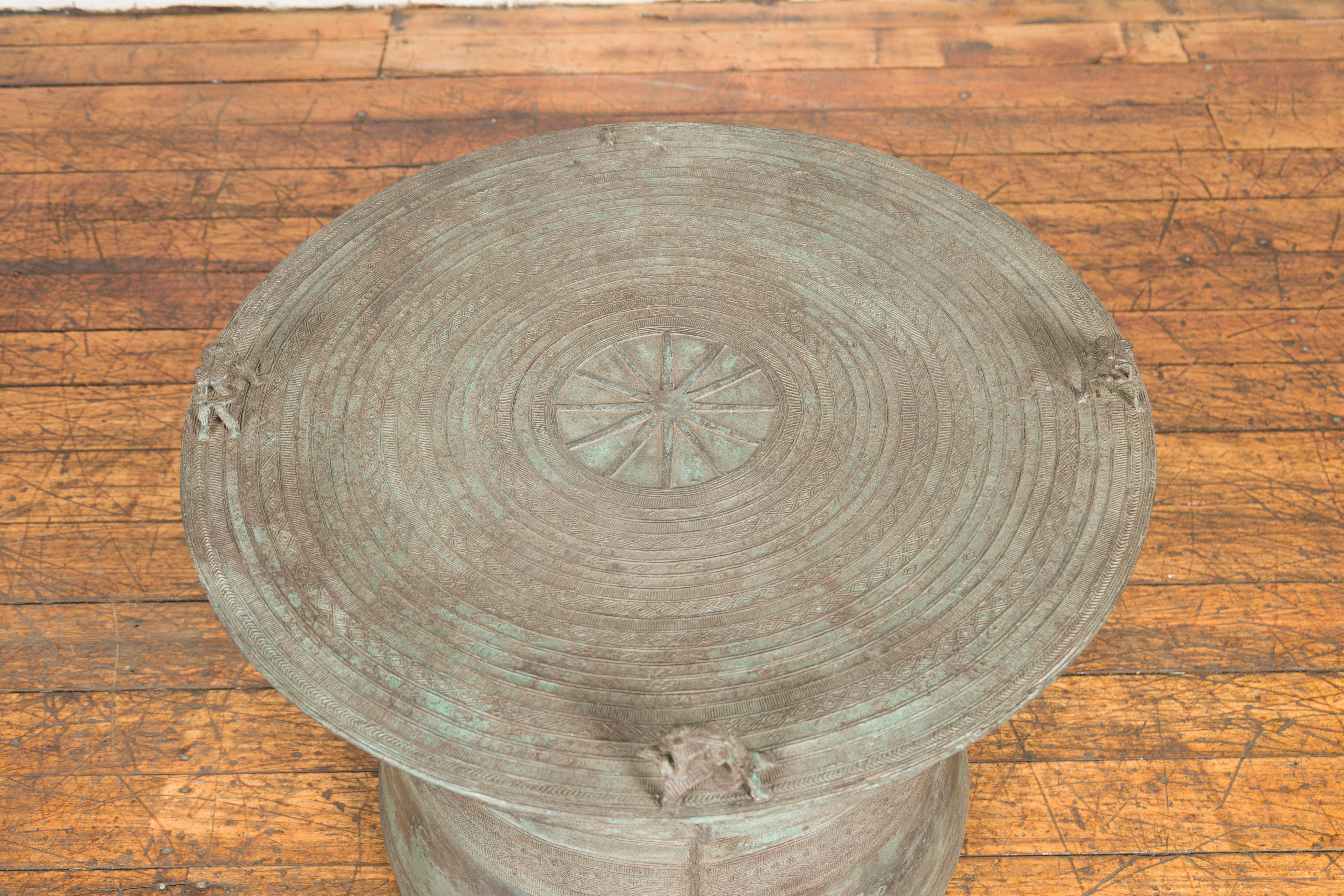 Laotian Style Vintage Bronze Rain Drum with Geometric Motifs and Frog Finials For Sale 1