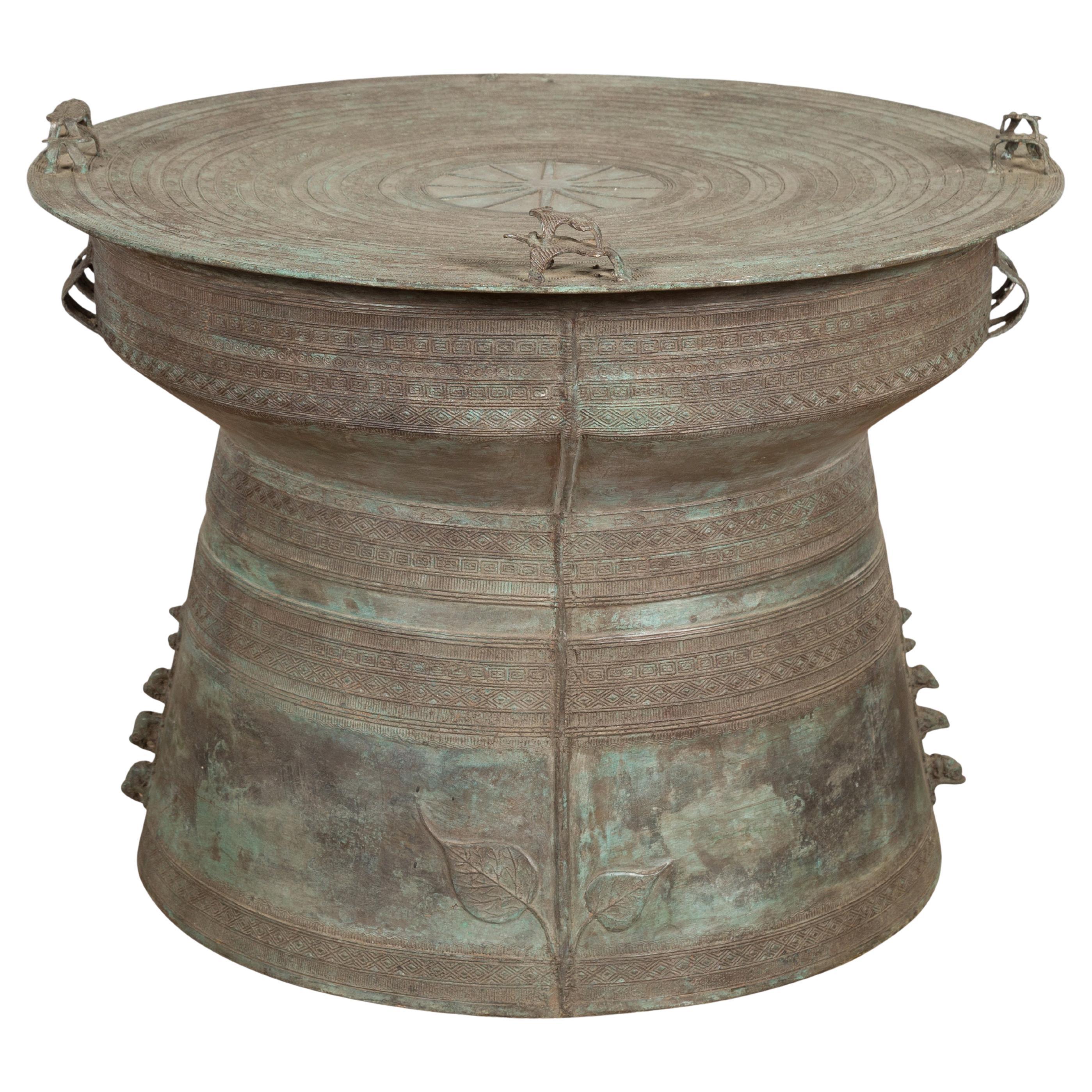 Laotian Style Vintage Bronze Rain Drum with Geometric Motifs and Frog Finials For Sale
