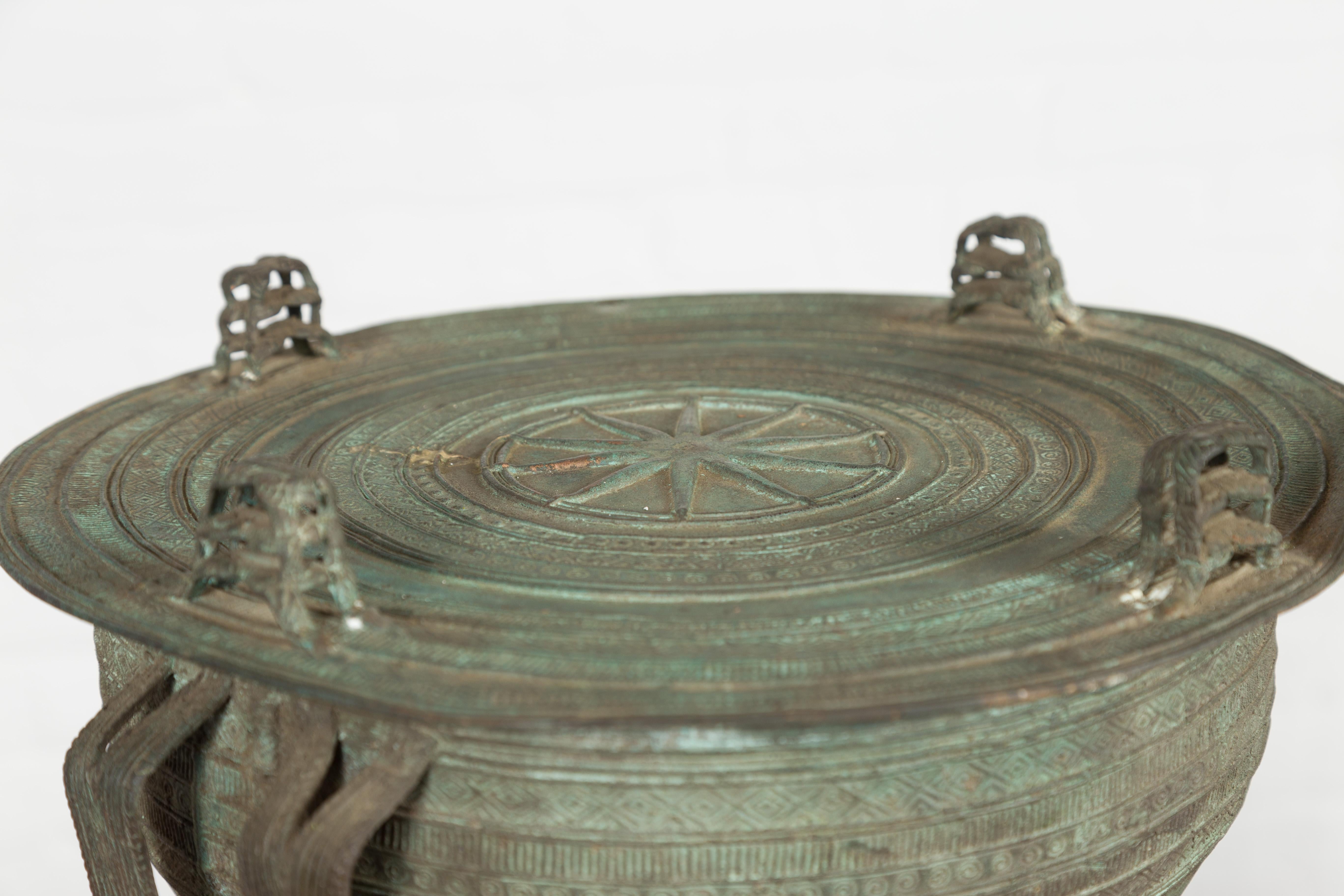 Laotian Style Vintage Bronze Rain Drum with Geometric Motifs and Verde Patina For Sale 6