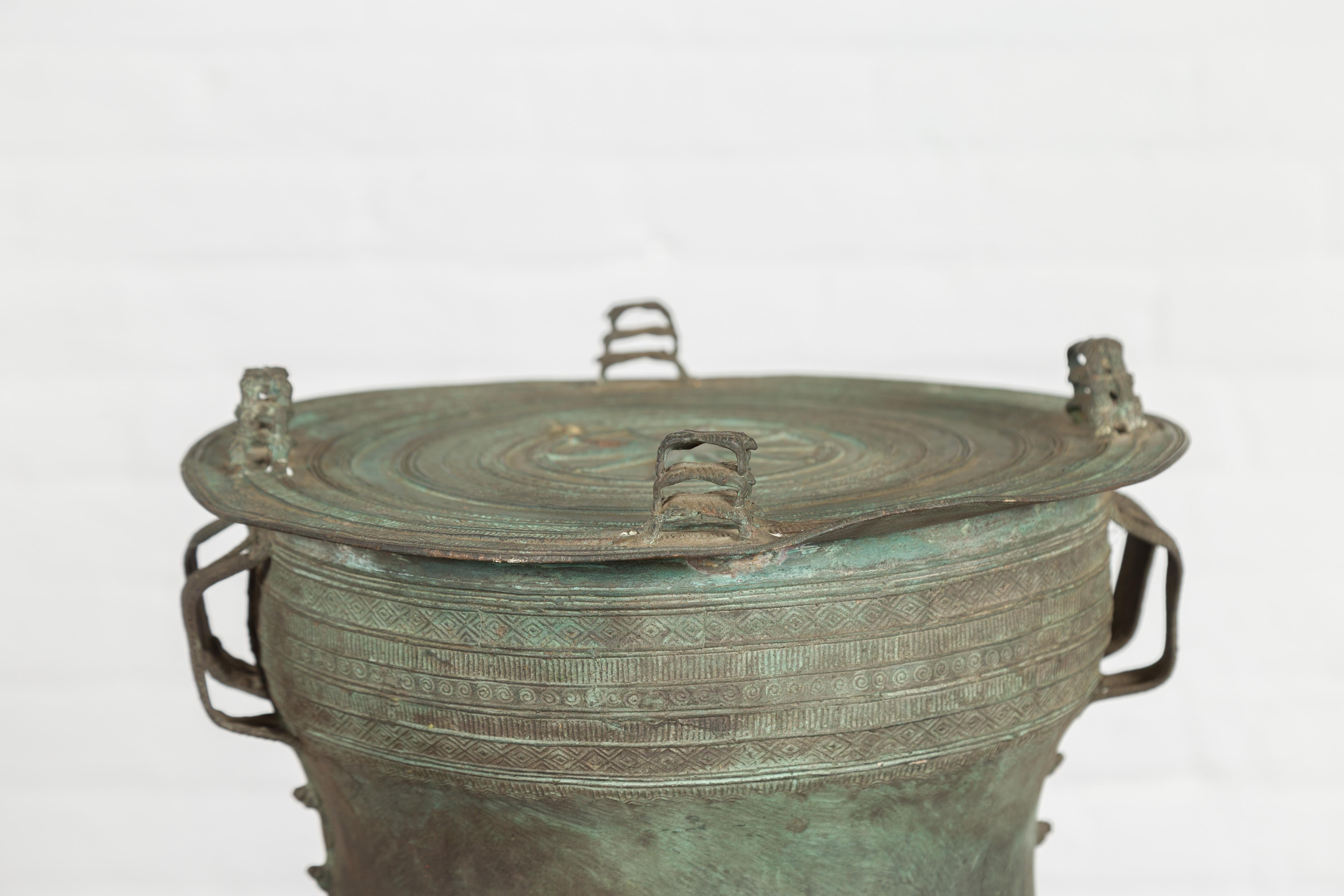 20th Century Laotian Style Vintage Bronze Rain Drum with Geometric Motifs and Verde Patina For Sale