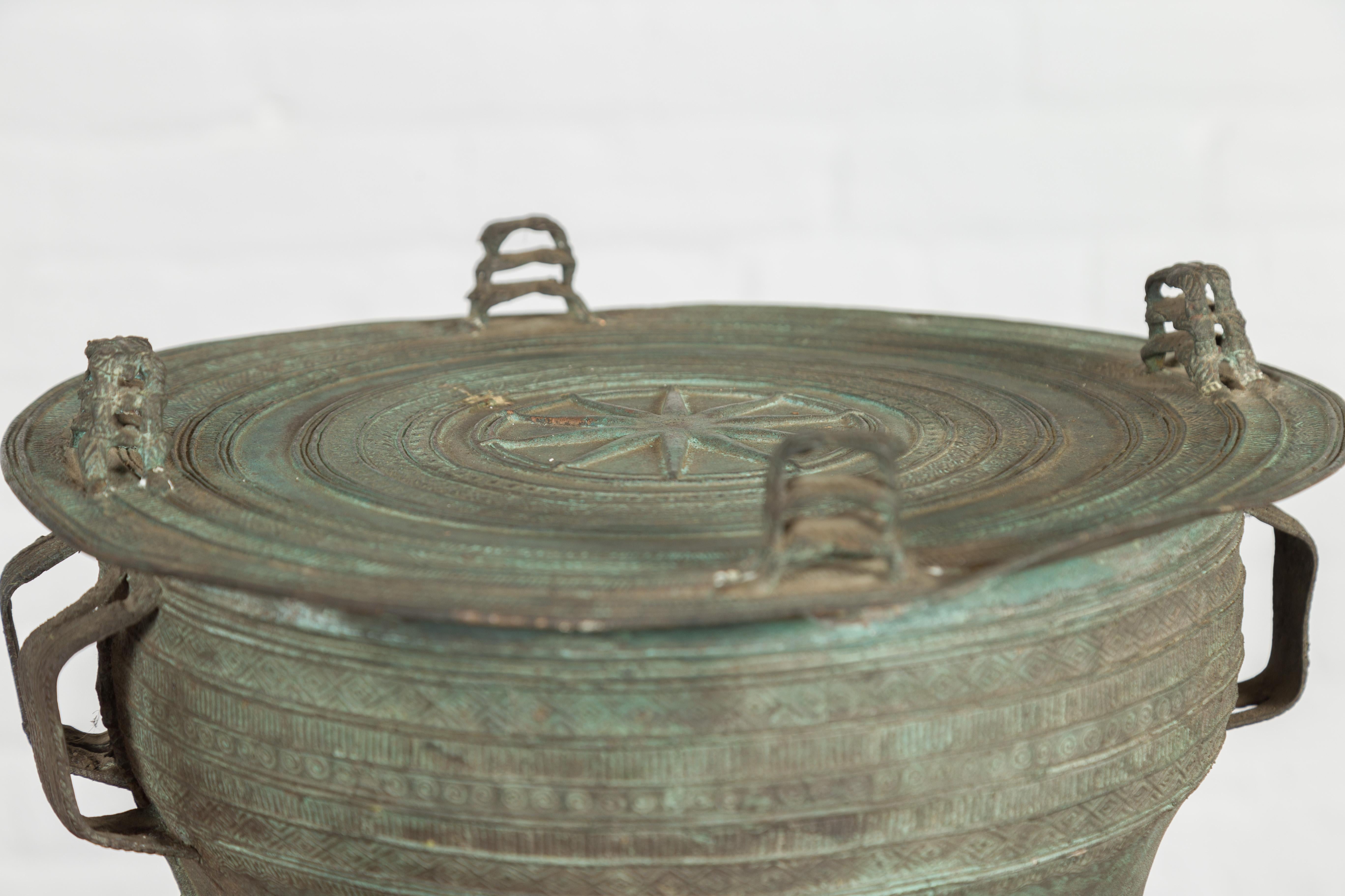 Laotian Style Vintage Bronze Rain Drum with Geometric Motifs and Verde Patina For Sale 1