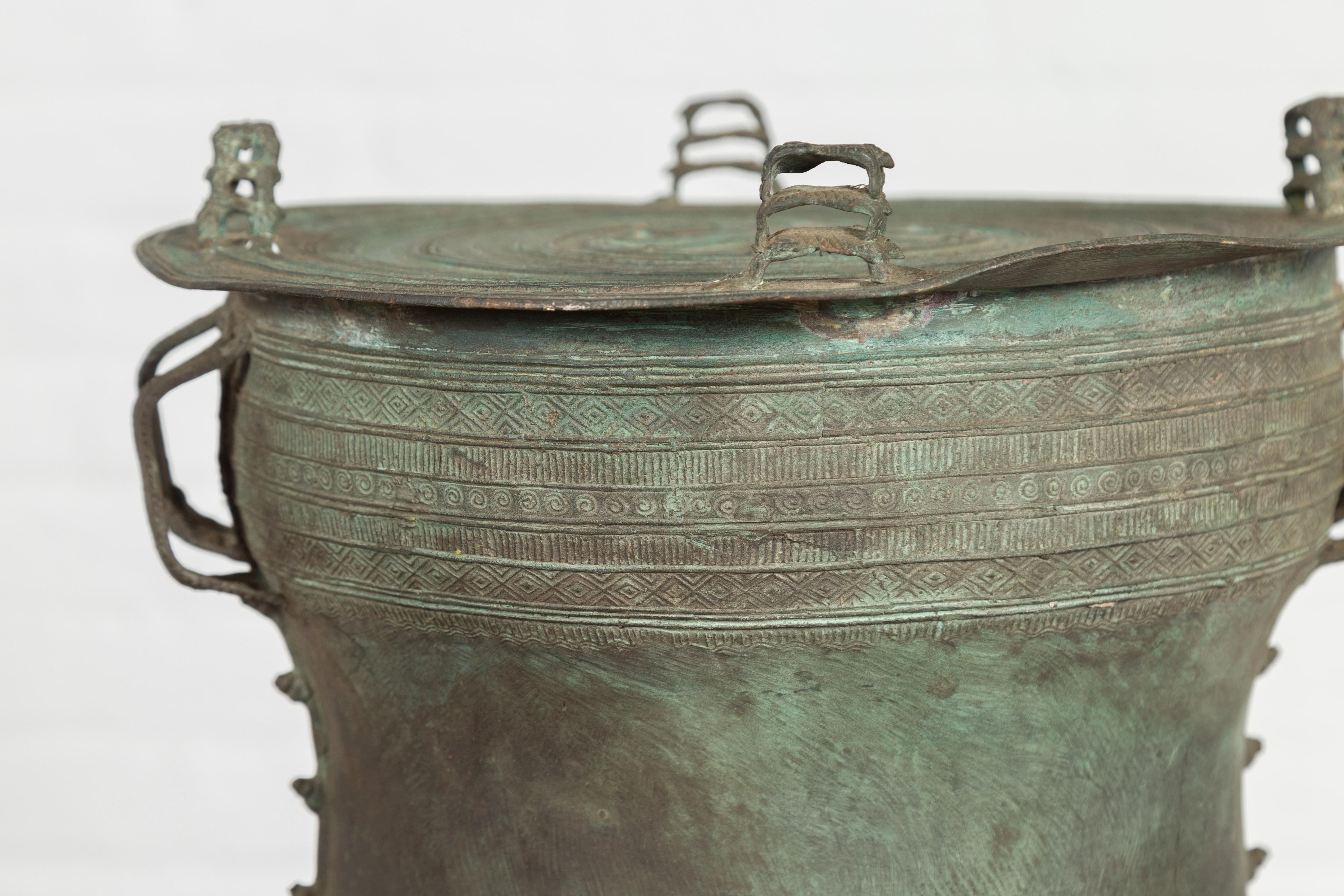 Laotian Style Vintage Bronze Rain Drum with Geometric Motifs and Verde Patina For Sale 2