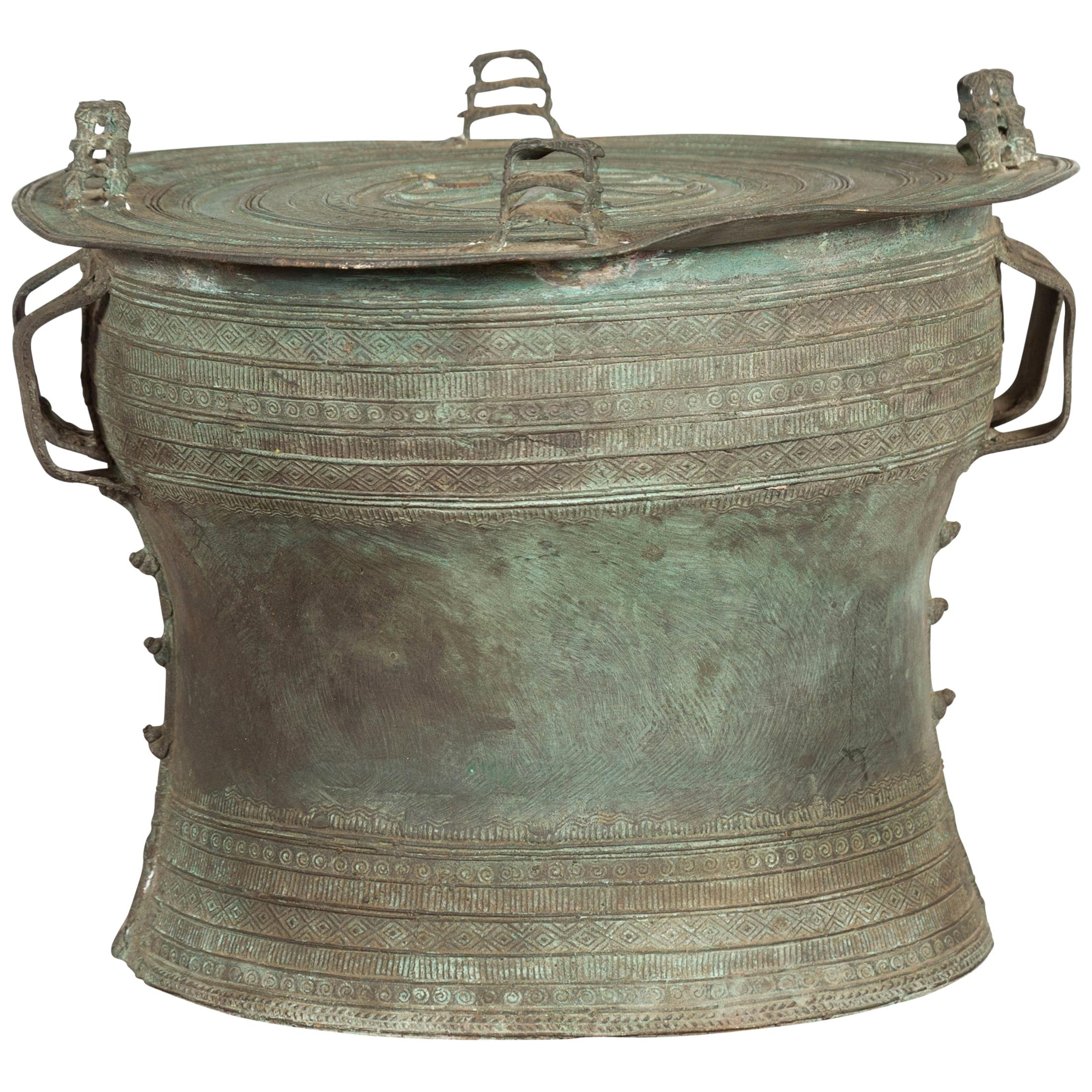 Laotian Style Vintage Bronze Rain Drum with Geometric Motifs and Verde Patina For Sale