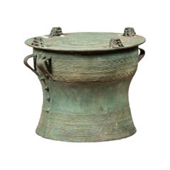 Laotian Vintage Bronze Rain Drum with Geometric Motifs and Lateral Handles