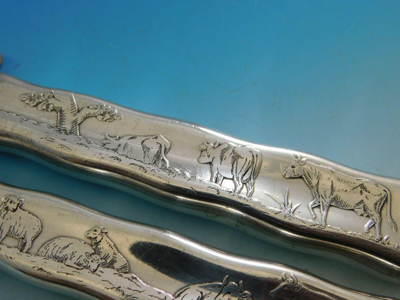Lap Over Edge Acid Etched by Tiffany Sterling Silver Roast Carving Set Cow Motif In Excellent Condition In Big Bend, WI