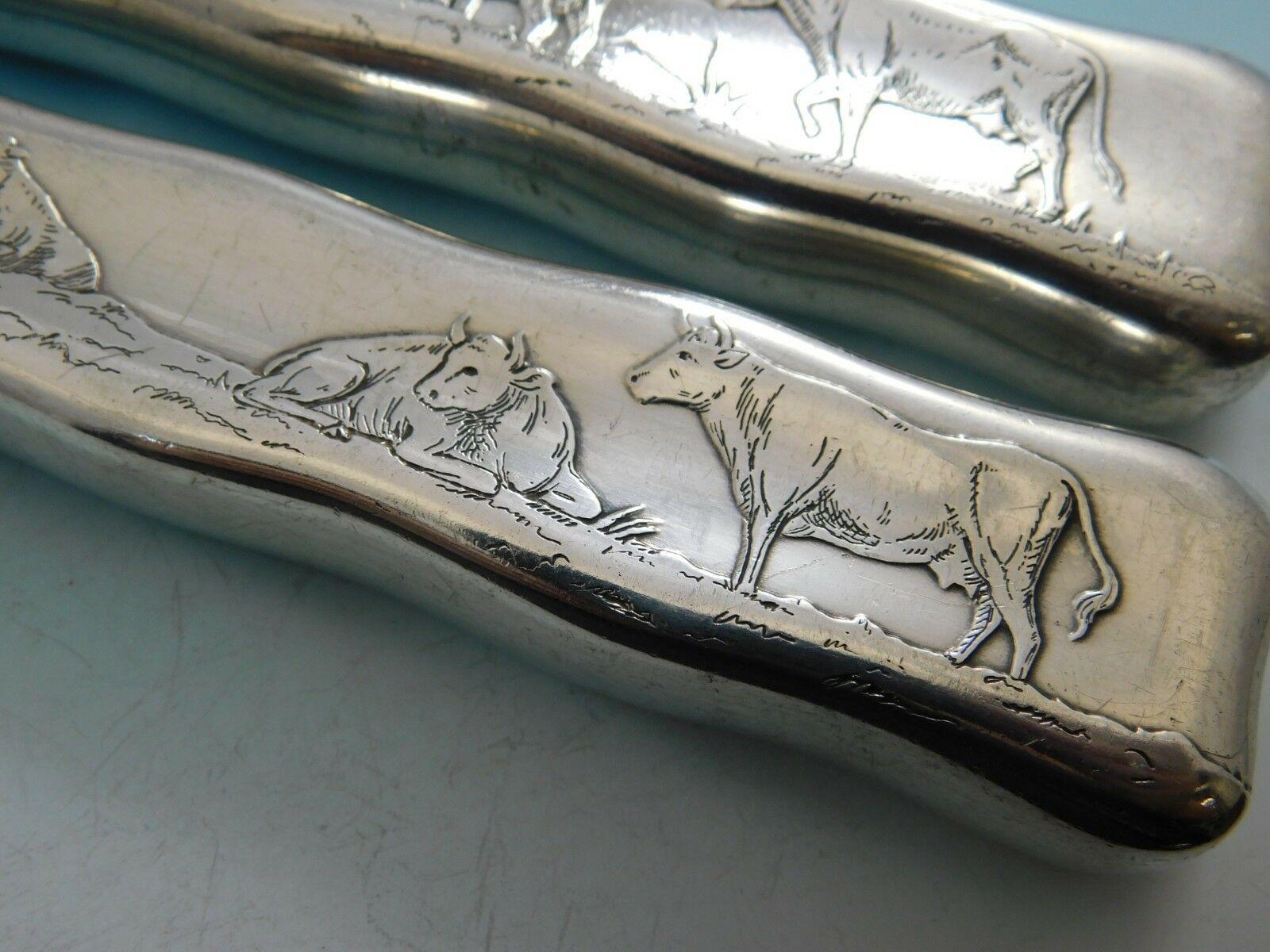 20th Century Lap Over Edge Acid Etched by Tiffany Sterling Silver Roast Carving Set Cow Motif