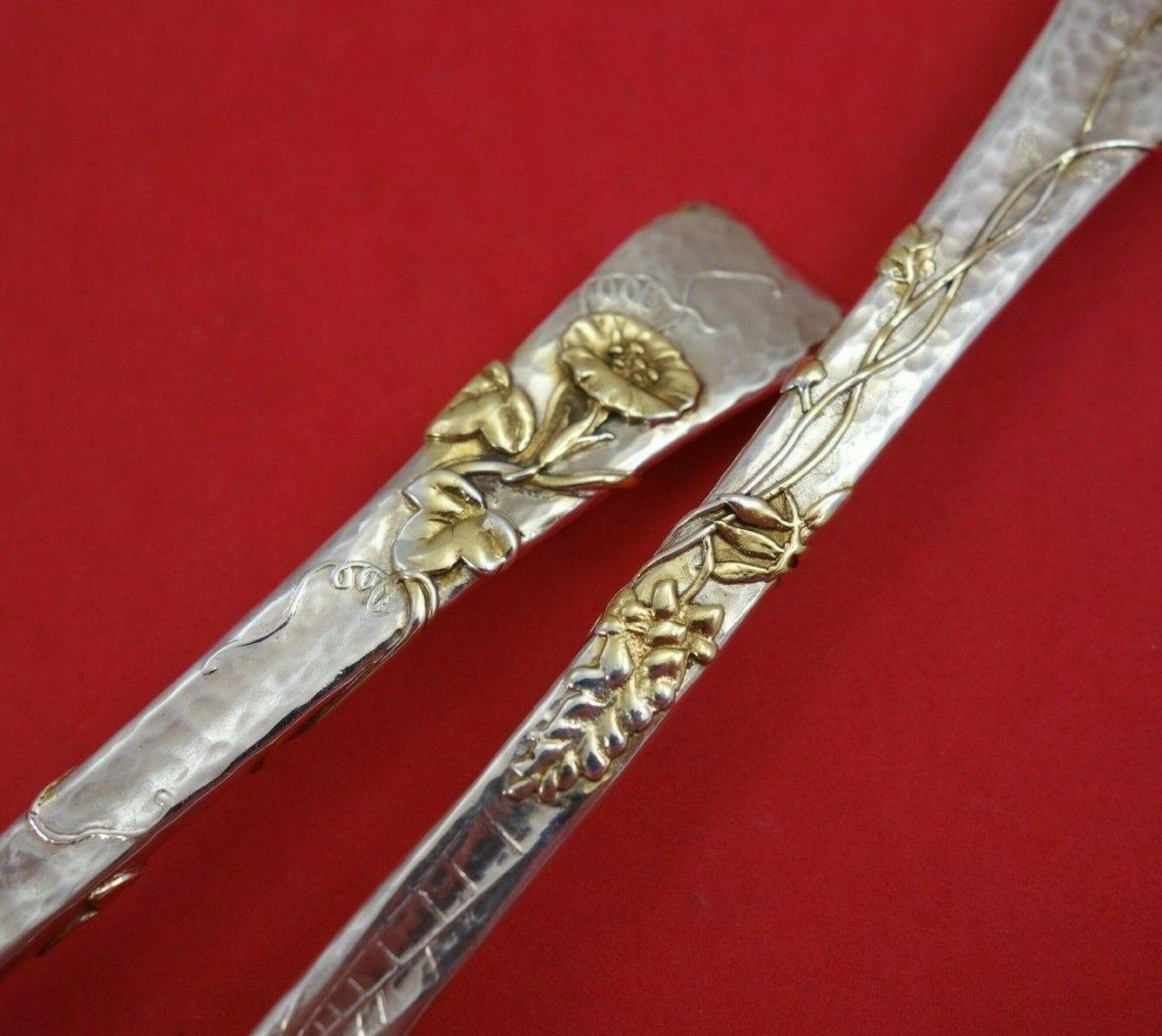 Superb sterling silver salad serving set 2-piece gold washed with applied flowers, vines, gold spider, and web 10 3/4