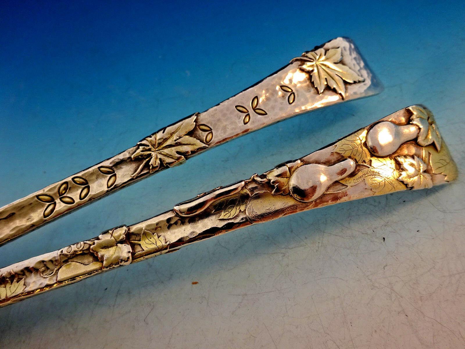 Rare sterling silver long salad serving set with gold-washed bowls and applied elements 10 1/2