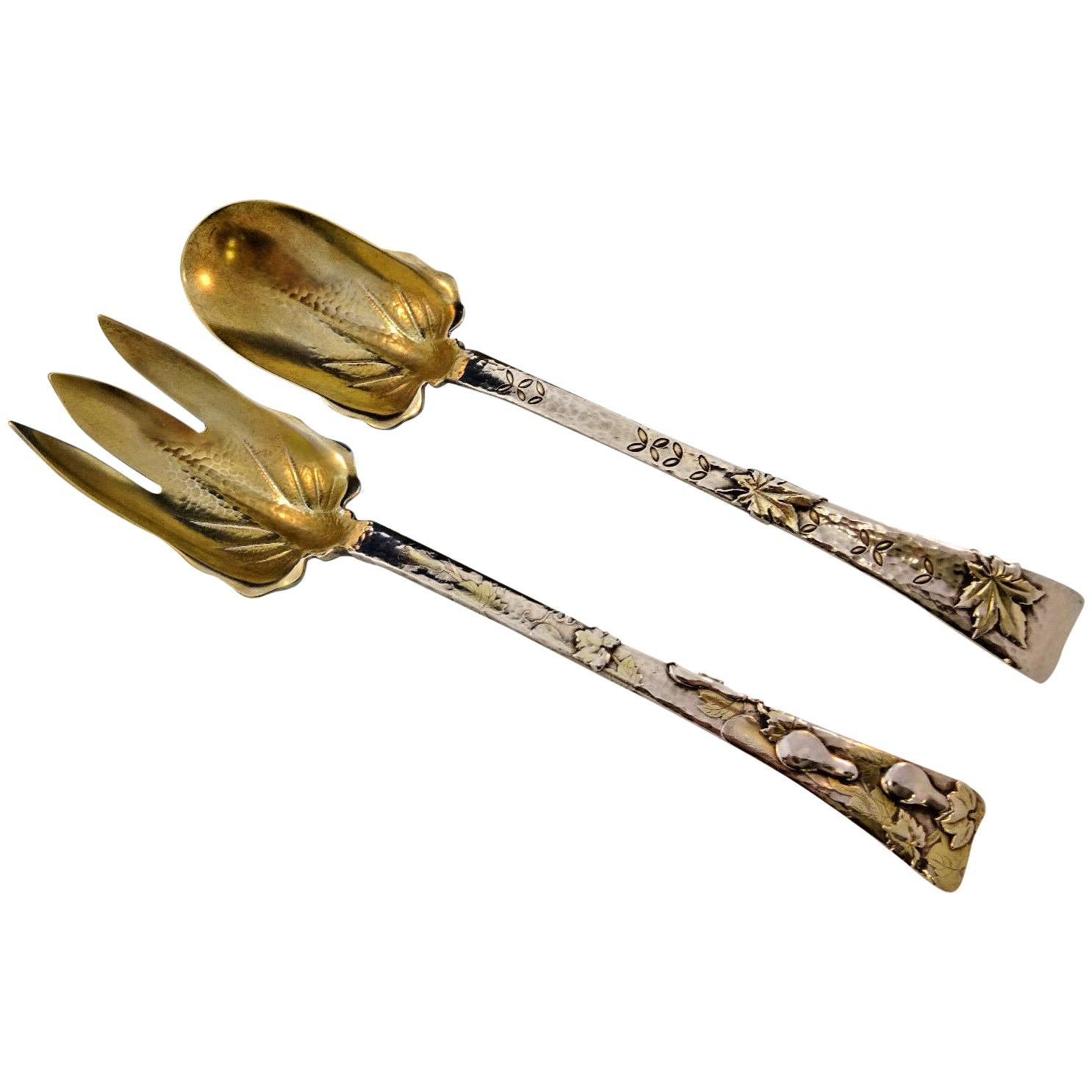 Lap over Edge by Tiffany Sterling Silver Long Salad Serving Set Applied Elements For Sale