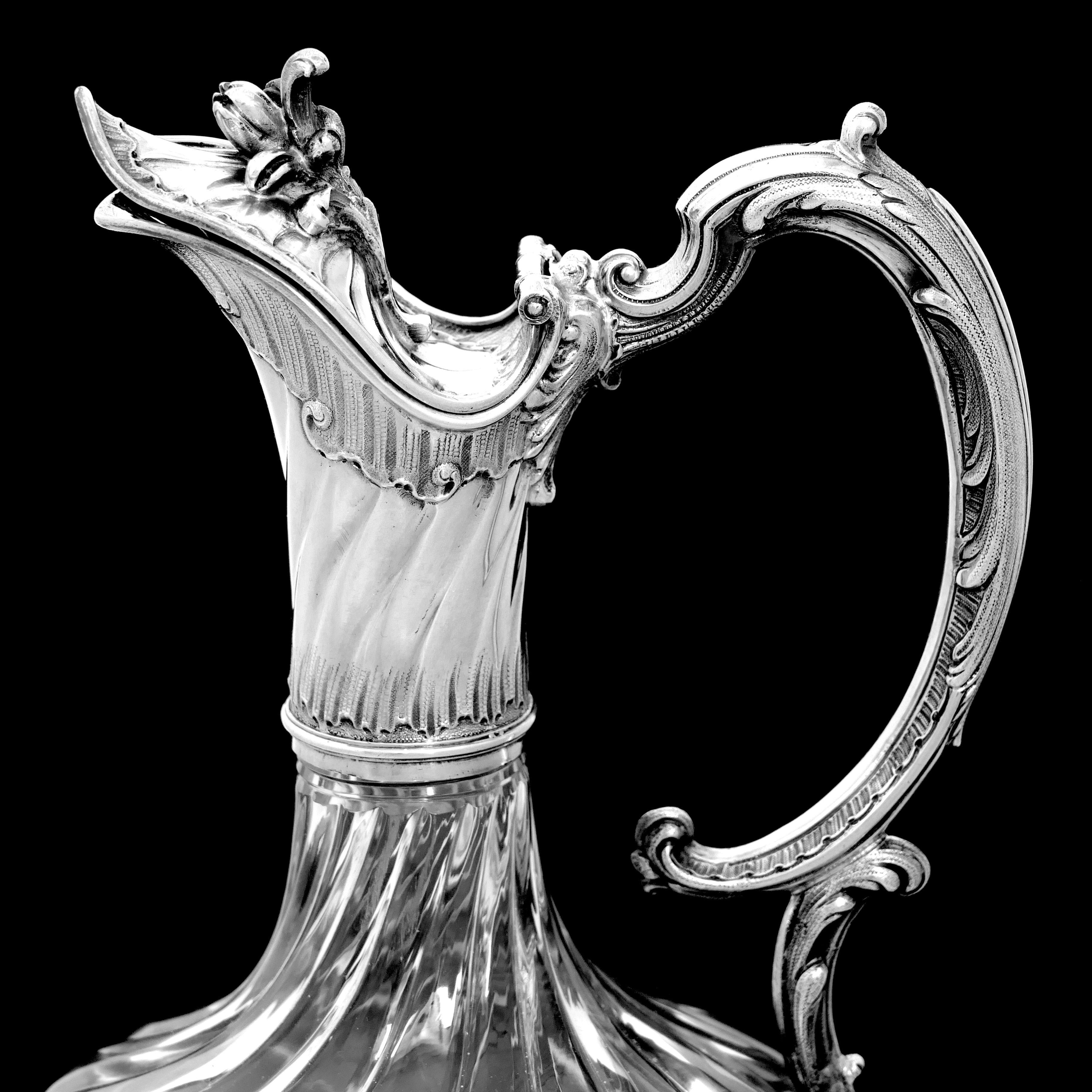 Art Nouveau Lapar Beguin French Sterling Silver Cut Crystal Claret Jug, Ewer, Decanter