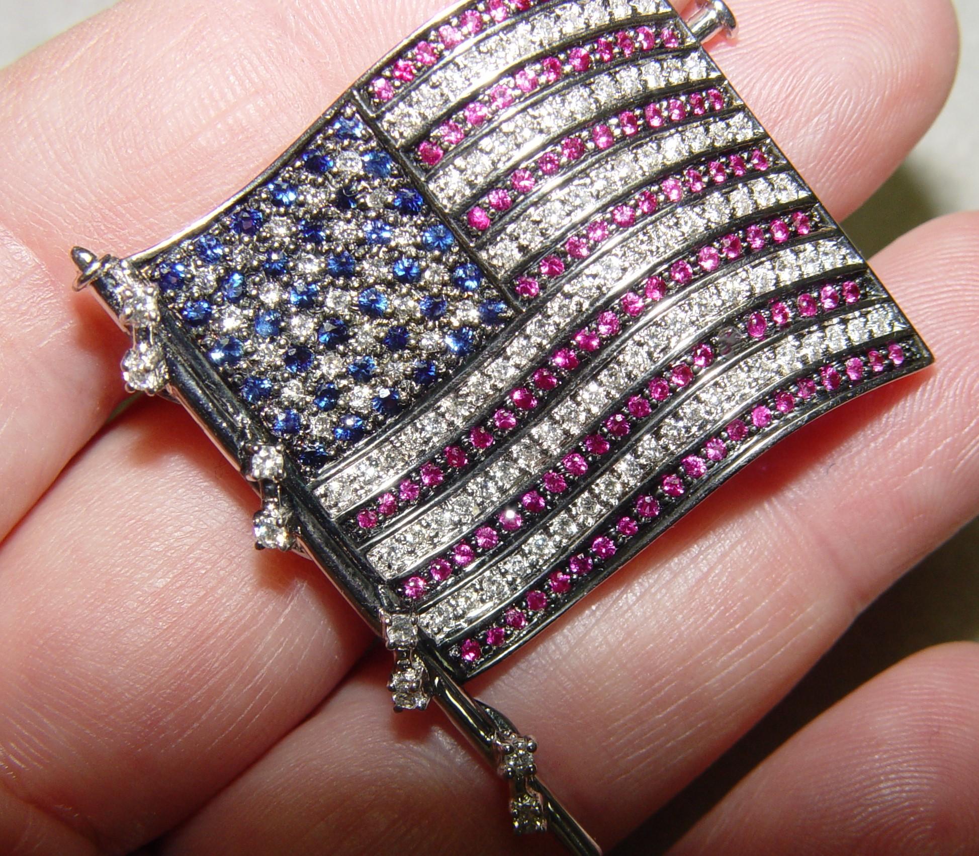 Lapel Pin American Flag Ruby Sapphire Diamonds 42x35MM 18K 13.2g   For Sale 6