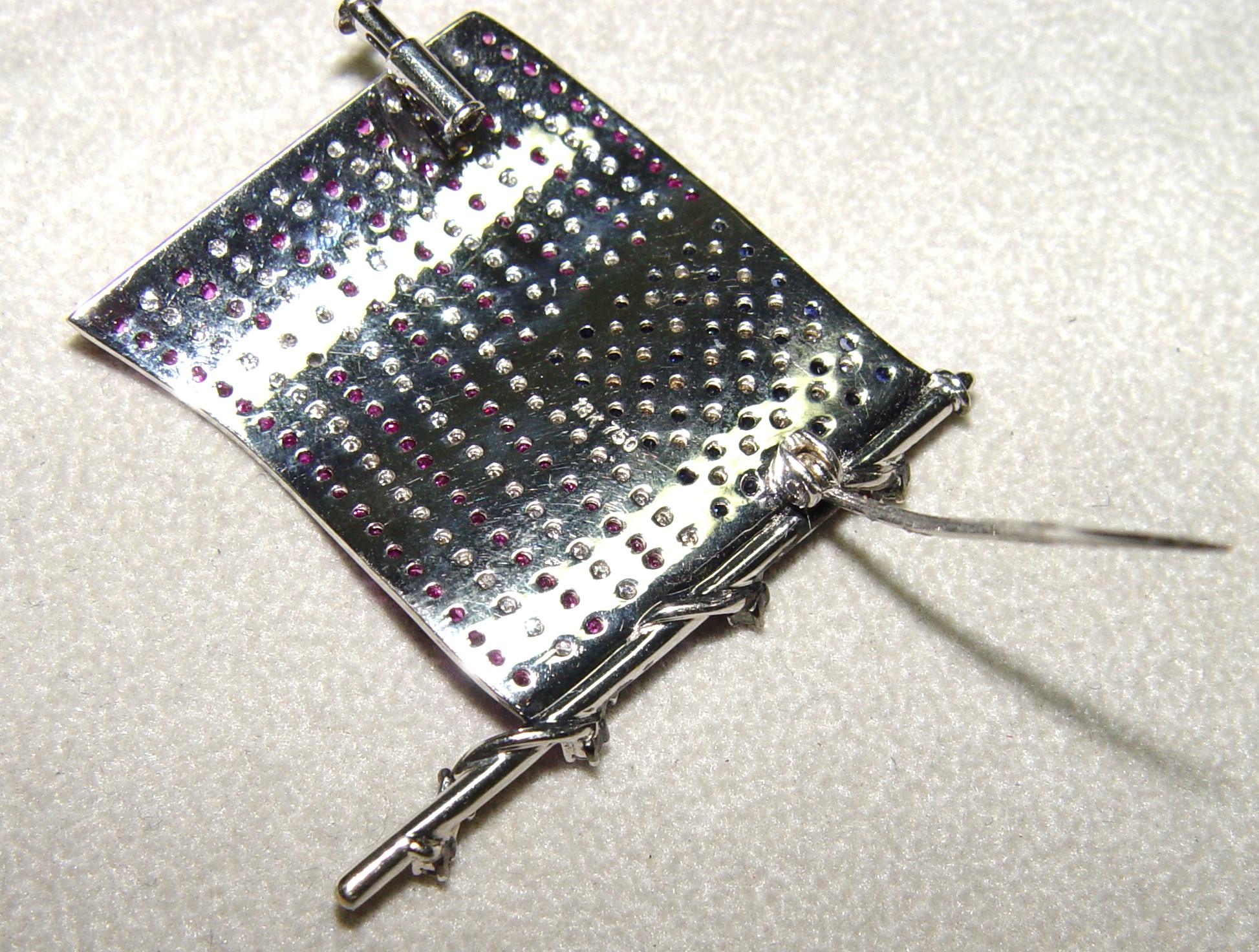 Lapel Pin American Flag Ruby Sapphire Diamonds 42x35MM 18K 13.2g   For Sale 9