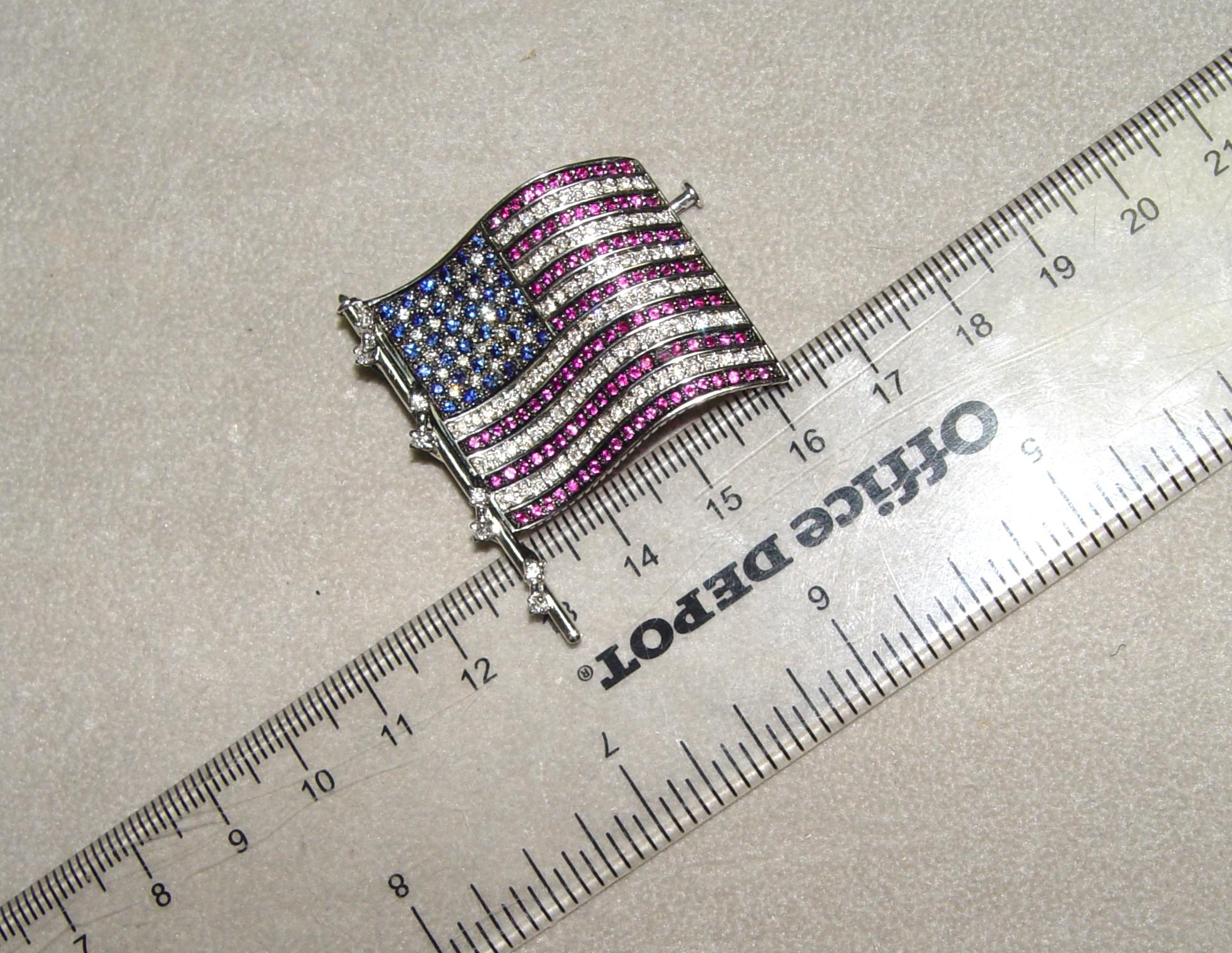 Lapel Pin American Flag Ruby Sapphire Diamonds 42x35MM 18K 13.2g   For Sale 10