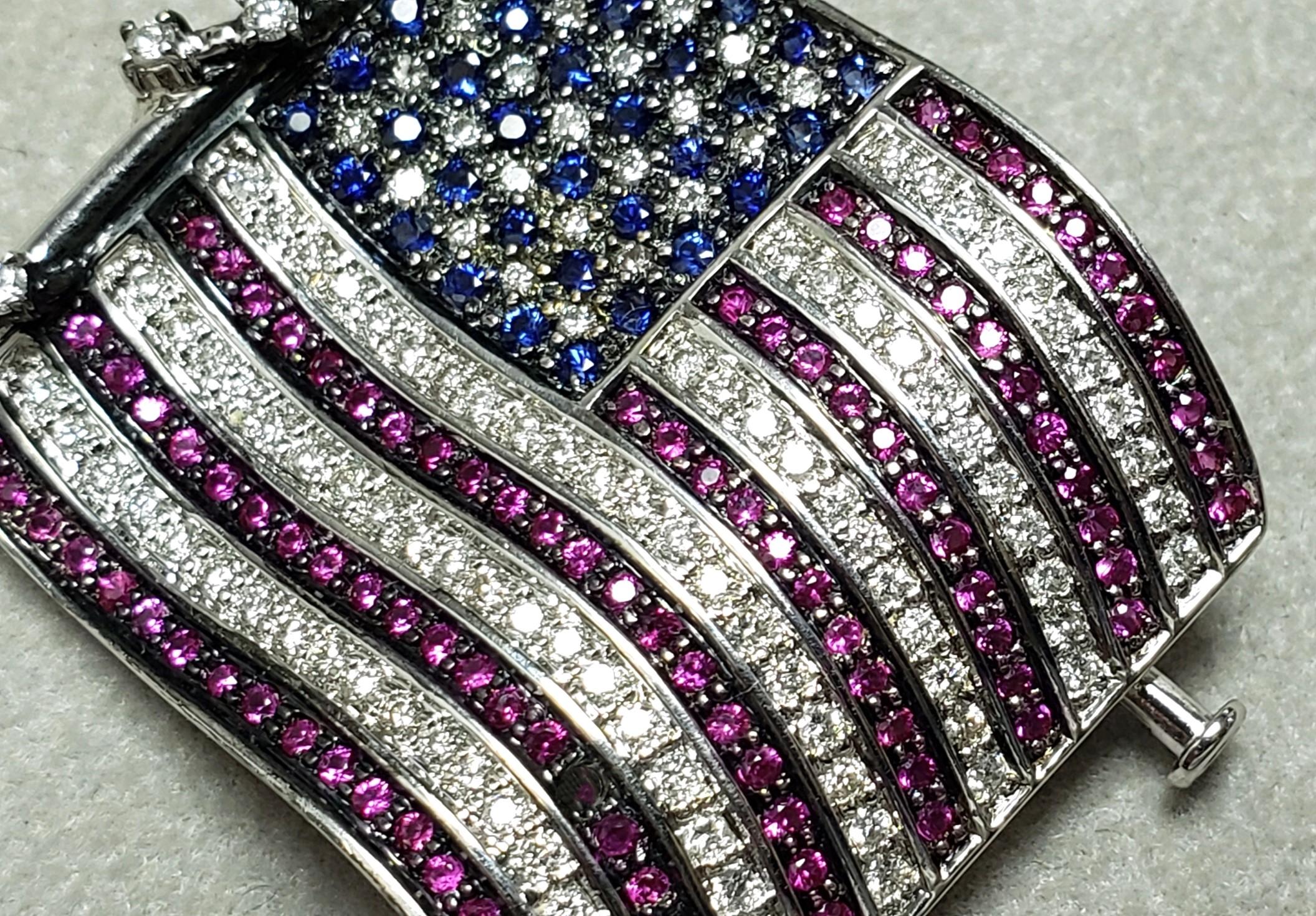 Federal Lapel Pin American Flag Ruby Sapphire Diamonds 42x35MM 18K 13.2g   For Sale