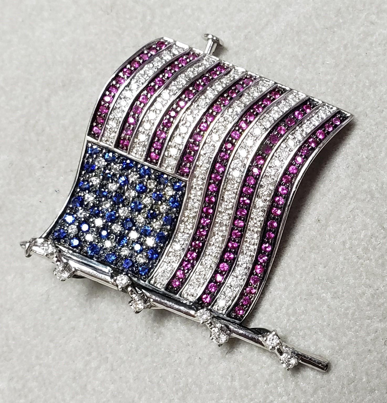 Lapel Pin American Flag Ruby Sapphire Diamonds 42x35MM 18K 13.2g   In New Condition For Sale In Chicago, IL