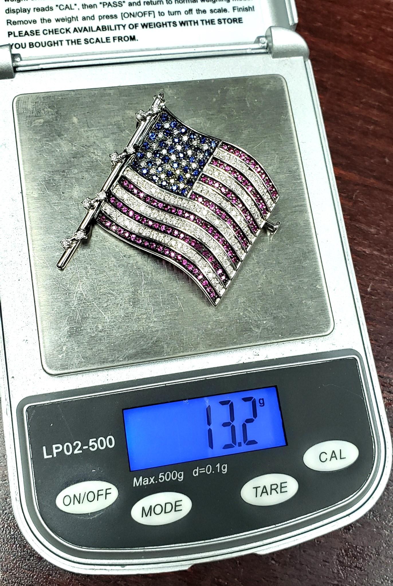 Women's or Men's Lapel Pin American Flag Ruby Sapphire Diamonds 42x35MM 18K 13.2g   For Sale