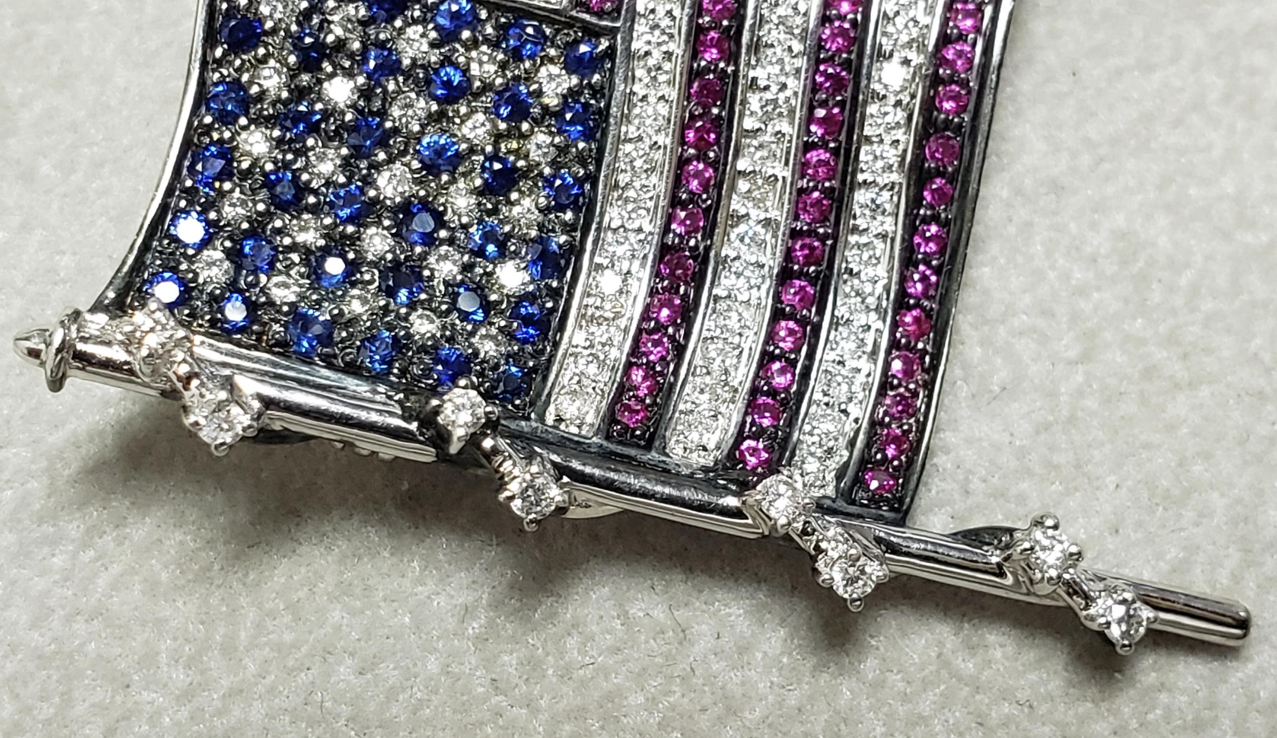 Lapel Pin American Flag Ruby Sapphire Diamonds 42x35MM 18K 13.2g   For Sale 2