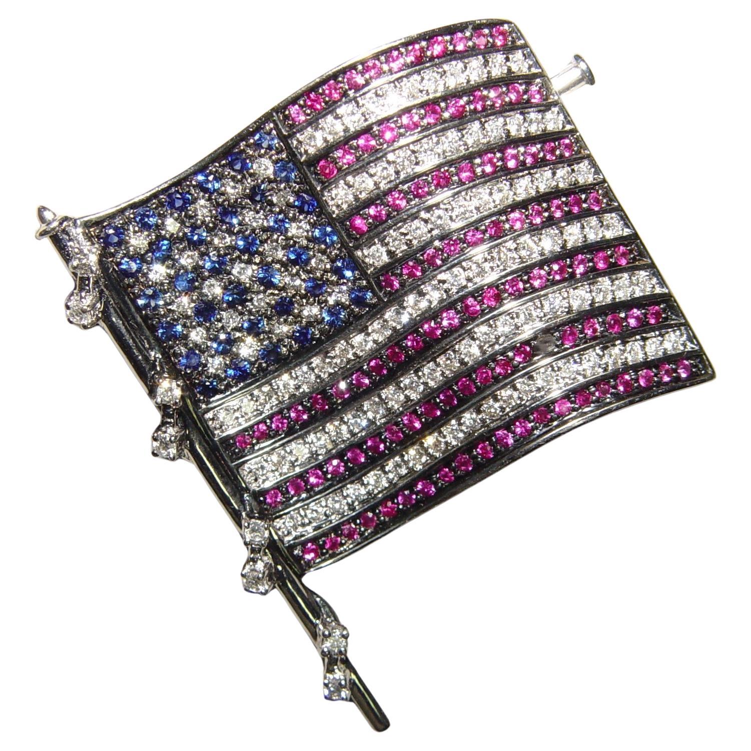 Lapel Pin American Flag Ruby Sapphire Diamonds 42x35MM 18K 13.2g   For Sale