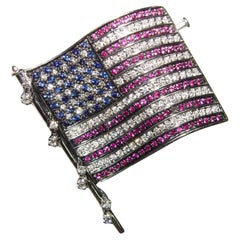Lapel Pin American Flag Ruby Sapphire Diamonds 42x35MM 18K 13.2g  