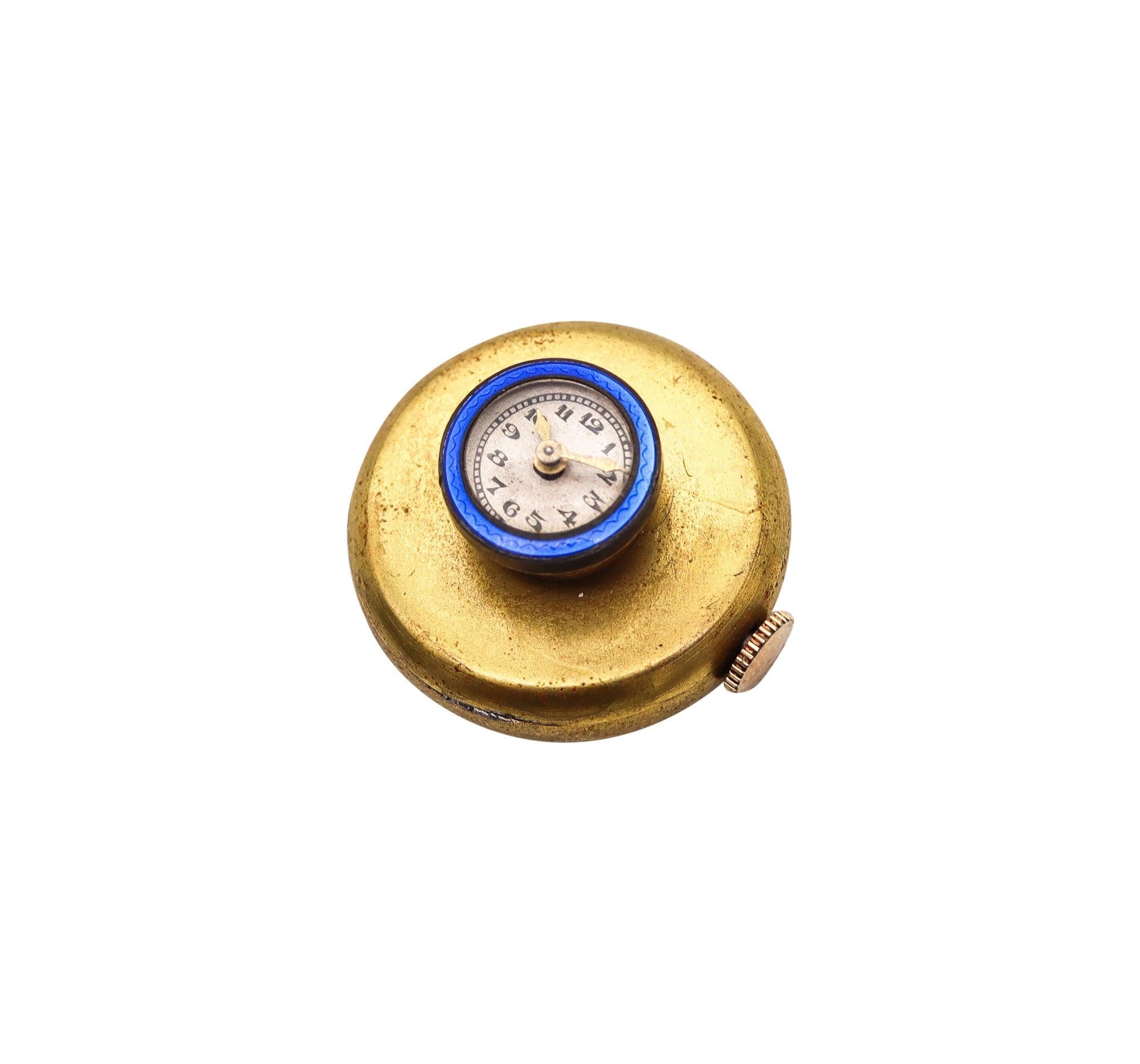 LAPEL WATCH 1915 Swiss Art Deco Guilloche Blue Enameled Silver And Gilt Brass. In Excellent Condition For Sale In Miami, FL