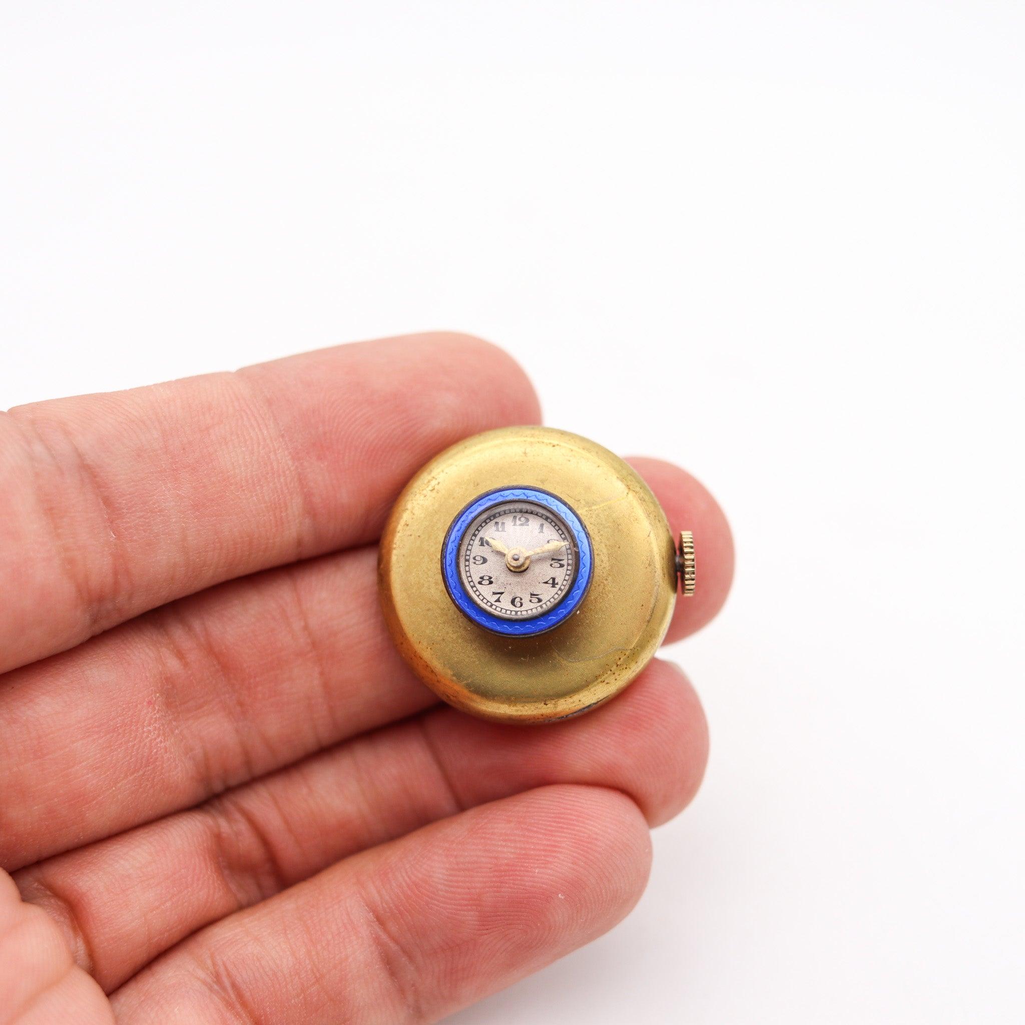 Women's or Men's LAPEL WATCH 1915 Swiss Art Deco Guilloche Blue Enameled Silver And Gilt Brass. For Sale