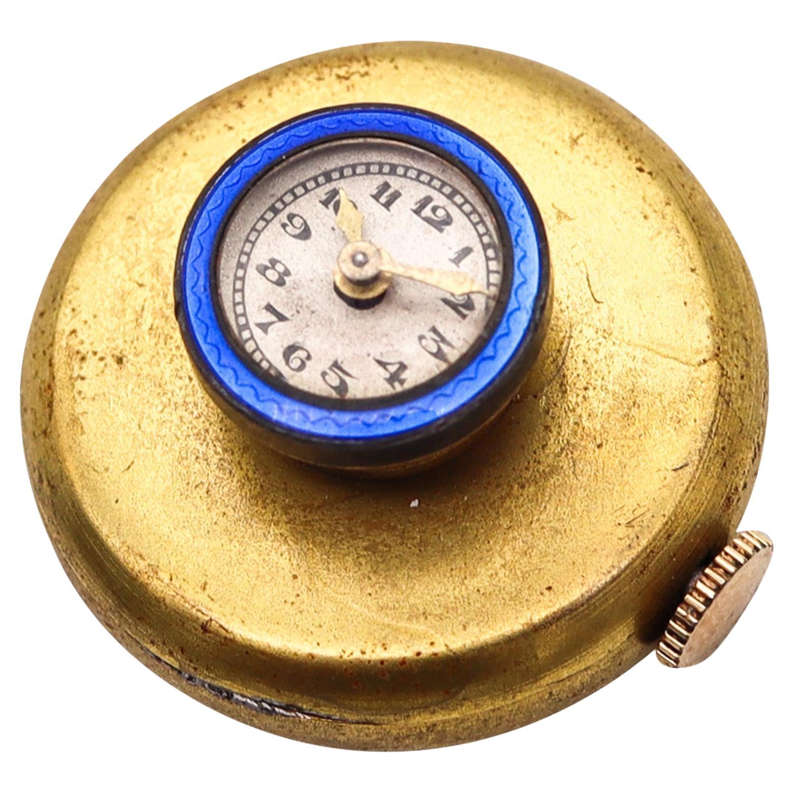 LAPEL WATCH 1915 Swiss Art Deco Guilloche Blue Enameled Silver And Gilt Brass.