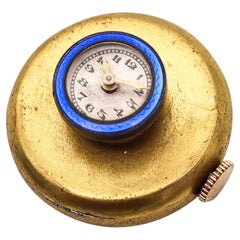 LAPEL WATCH 1915 Art Déco suisse guilloché bleu émaillé argenté et laiton doré