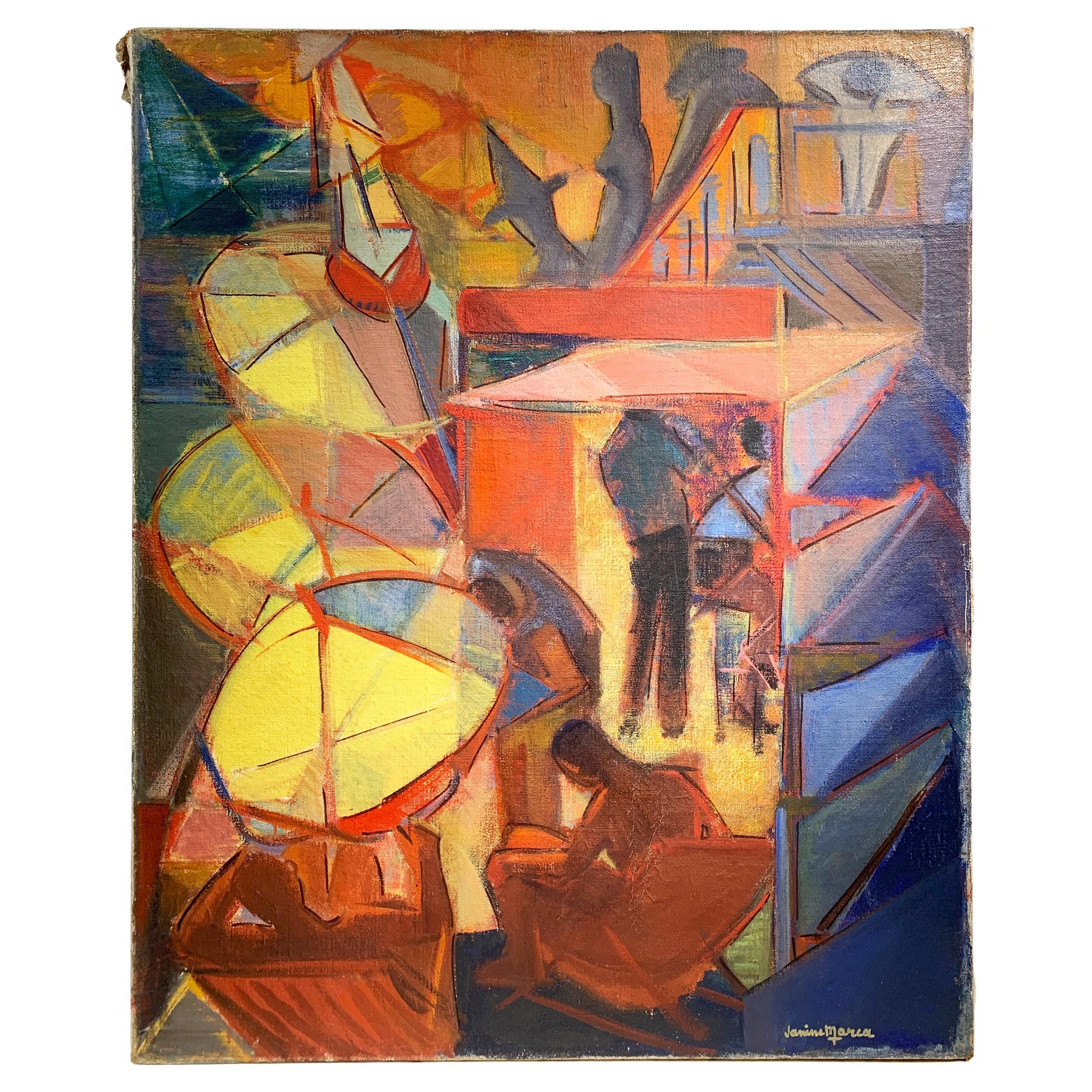 "L'Aperitif Aux Sablettes", Öl auf Leinwand, signiert "Janine Marca", CIRCA 1940 im Angebot