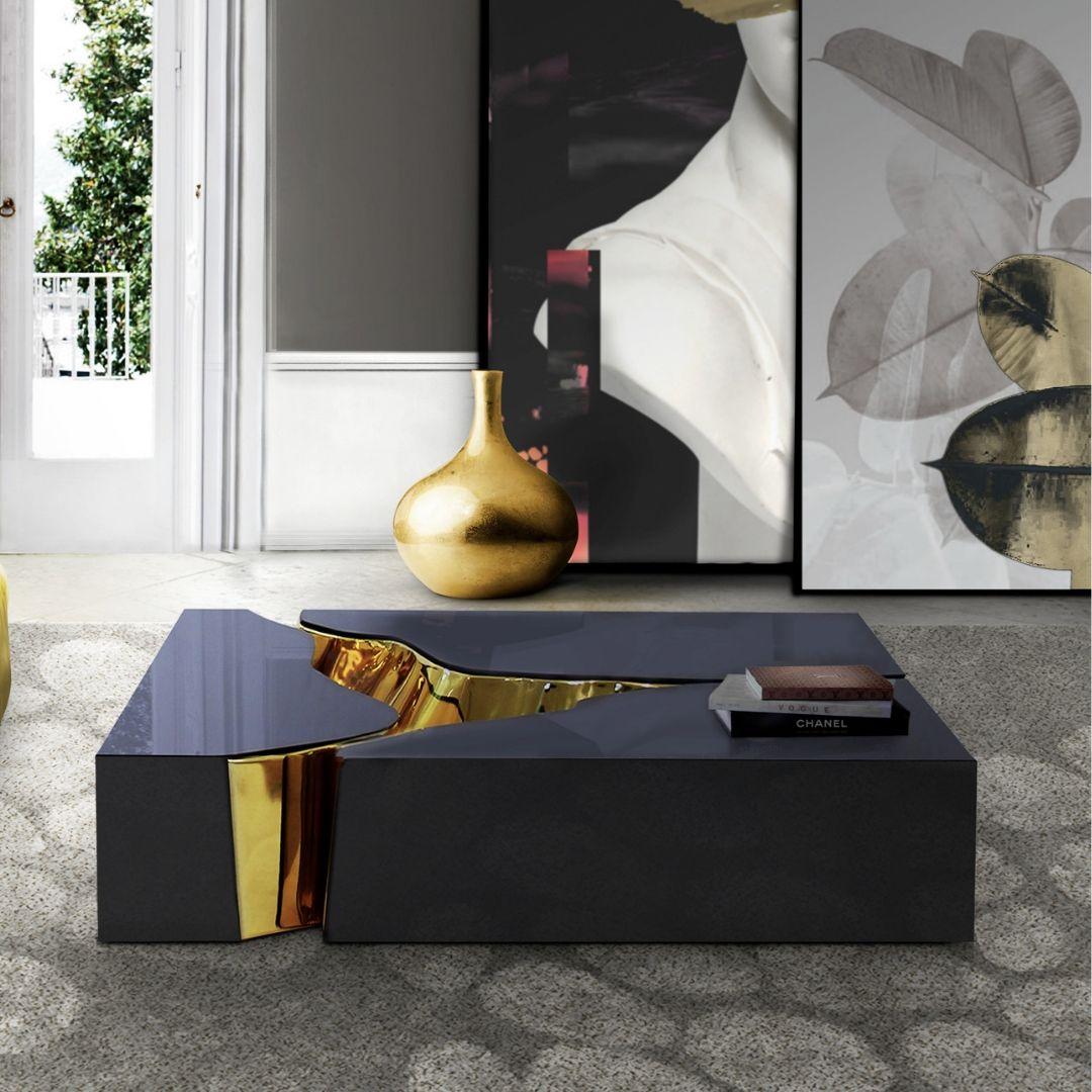 Modern Lapiaz Coffee Table with Black or White Finish and Brass Detail For Sale