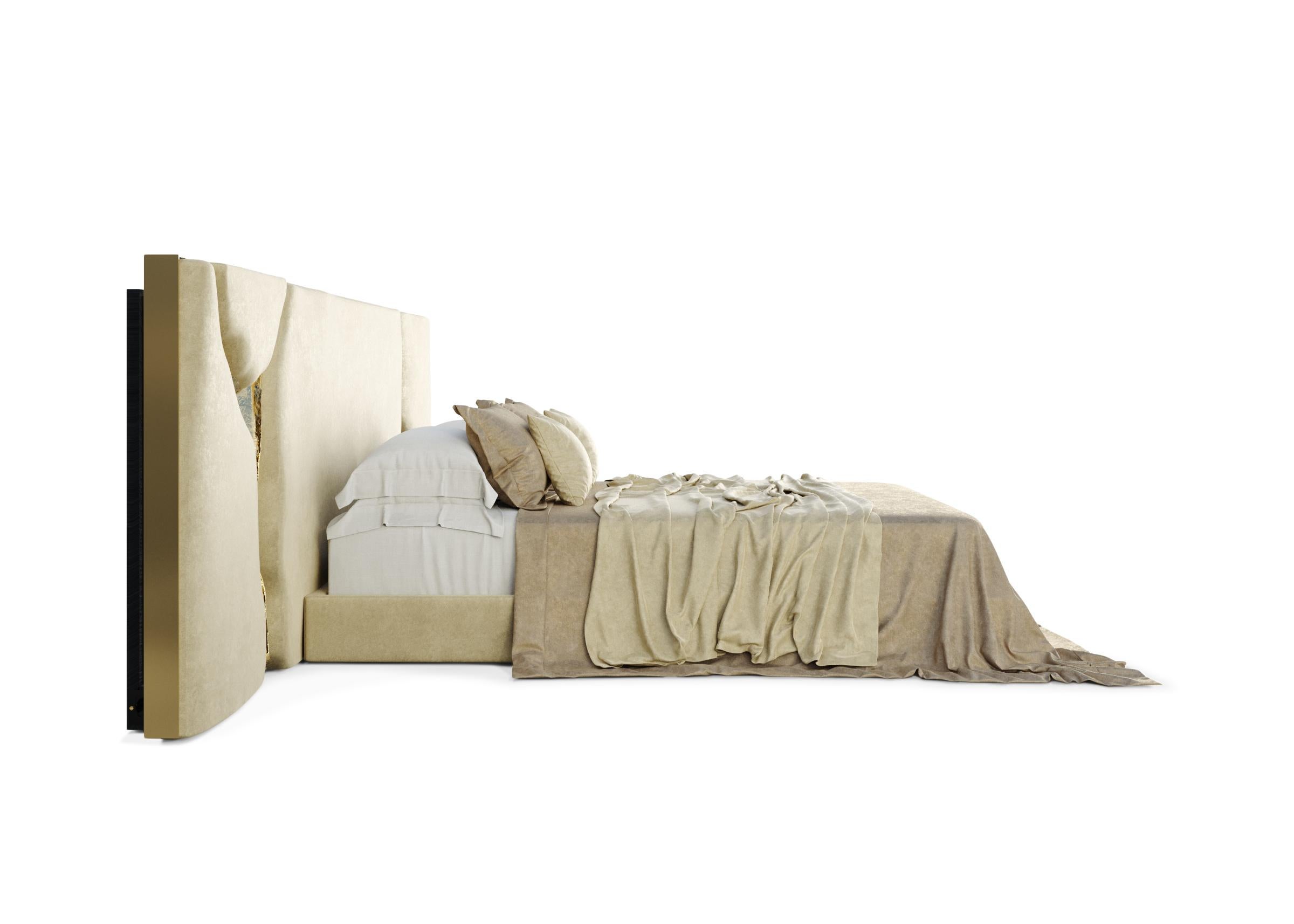 Portuguese Lapiaz White Headboard - Hand-Crafted Upholstery & Polished Brass - Boca do Lobo For Sale