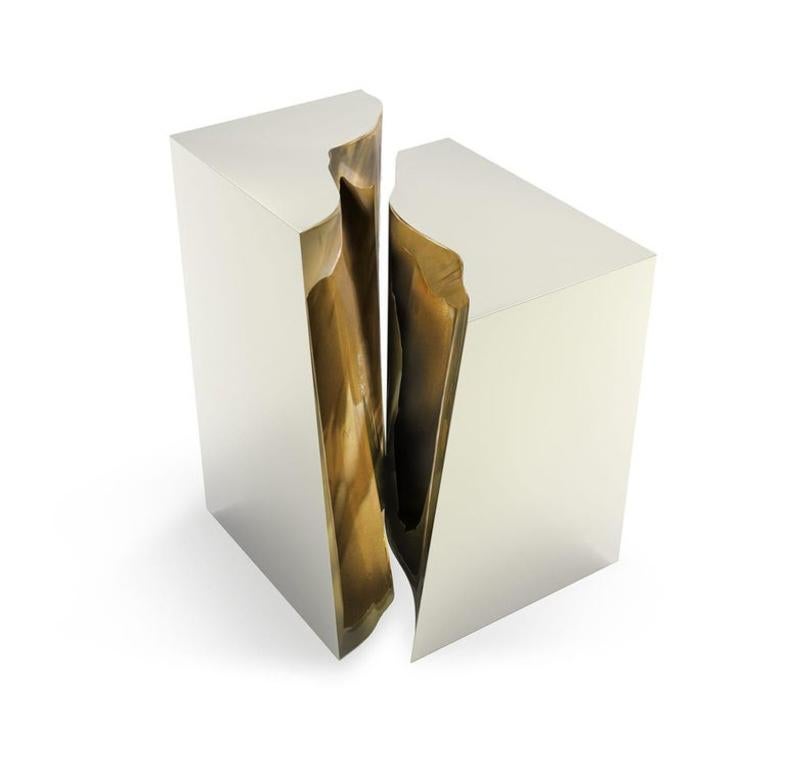 Modern Lapiaz Side Table with Wood Veneer and Polished Brass For Sale